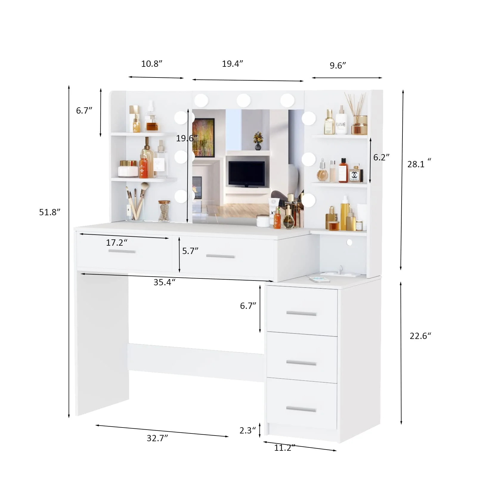 Makeup Vanity with Mirror and Lights,3 Lighting Colors,Bedroom Vanity Table with Charging Station,White Make Up Desk with 5 Drawers Storage and Open Shelves(White) Image 2