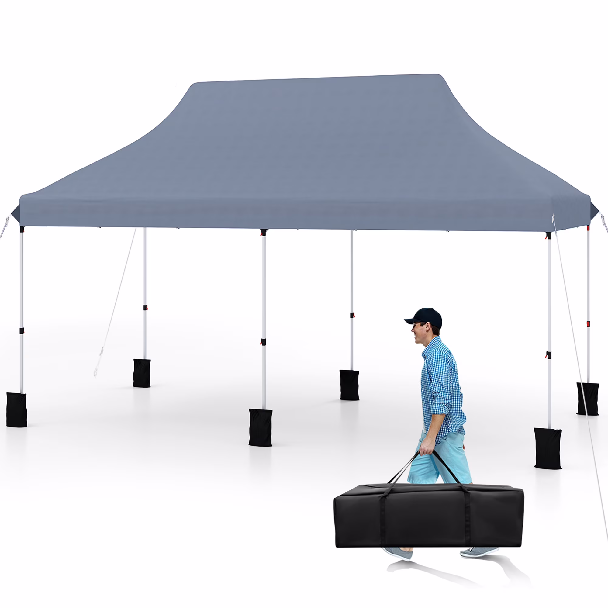 Gymax 10 x 20FT Pop-up Canopy Tent Folding Instant Sun Shelter w/ 3 Adjustable Heights Blue(Blue)