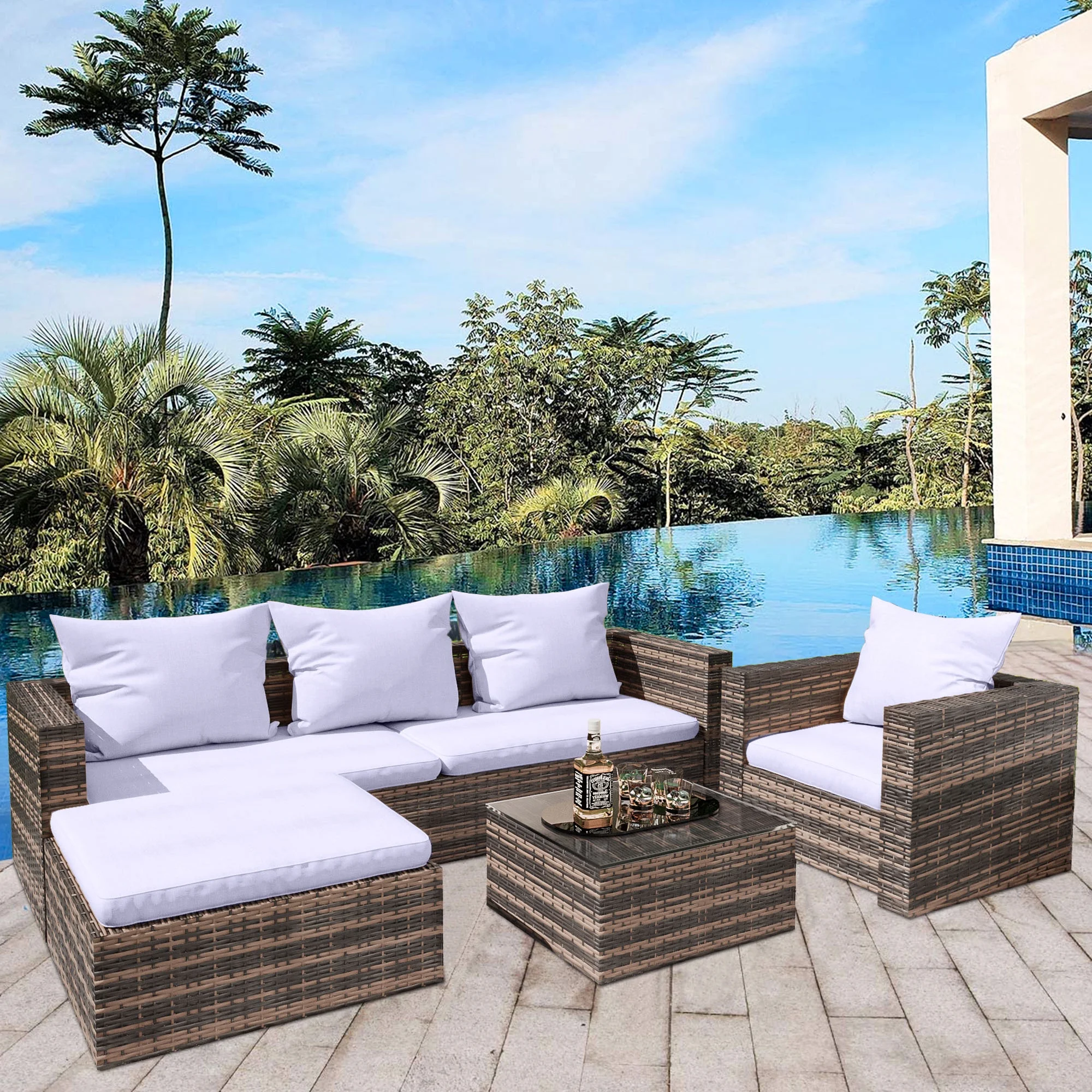 Rattan Patio Sofa Set, 4 Pieces Outdoor Sectional Furniture Set, All-Weather PE Rattan Wicker Patio Conversation Set, Cushioned Sofa Set with Glass Table for Patio Garden Poolside Deck(Brown) - Image 4