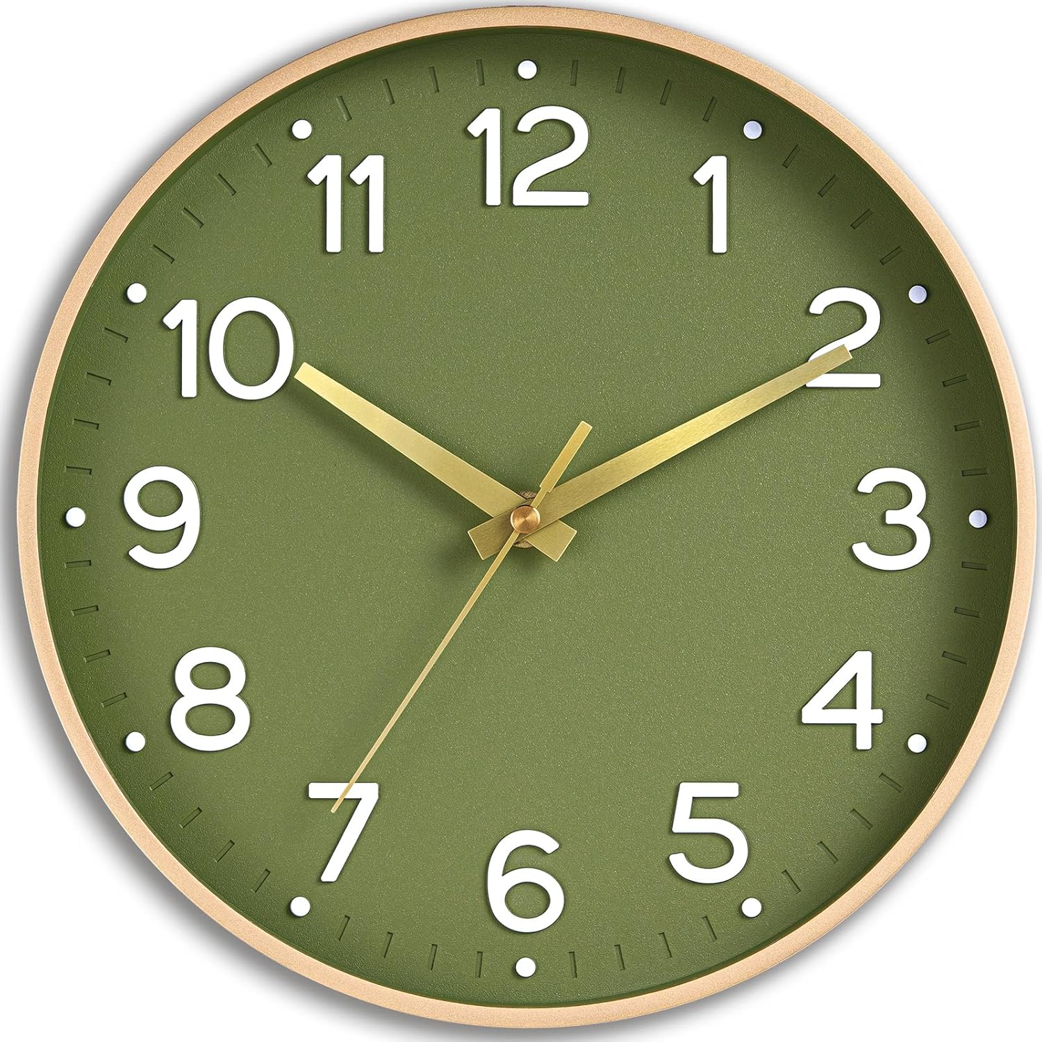 Roymnie 8 Inch Wall Clock, Battery Operated Silent Non Ticking Green Analog| Green & gold modern analog; large 3D easy-read dial for kitchen, office, bathroom & bedroom; 1 AA battery (not included)