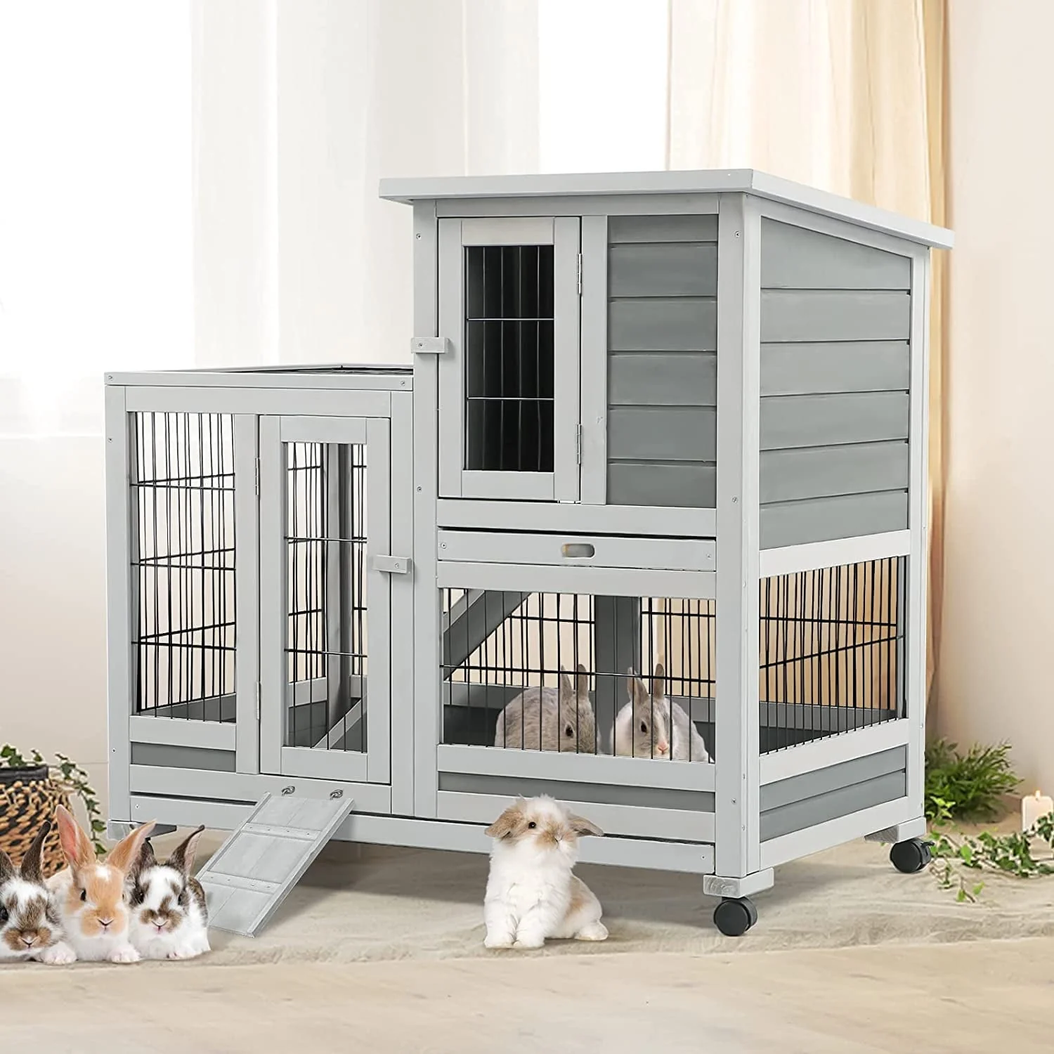 Indoor Rabbit Hutch Bunny Cage Large Pet House for Small Animal with Wheels