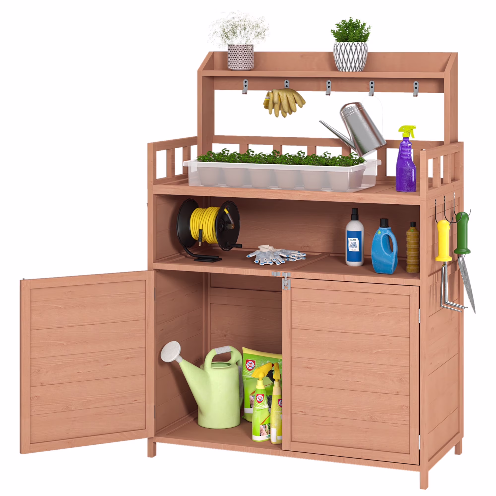 CASEMIOL Potting Bench for Outside, Outdoor Garden Work Bench with Storage Cabinet & Top Shelf, Fir Wood Potting Table with Raised Legs, 3 Hooks, Waterproof Gardening Workstation for Patio & Backyard