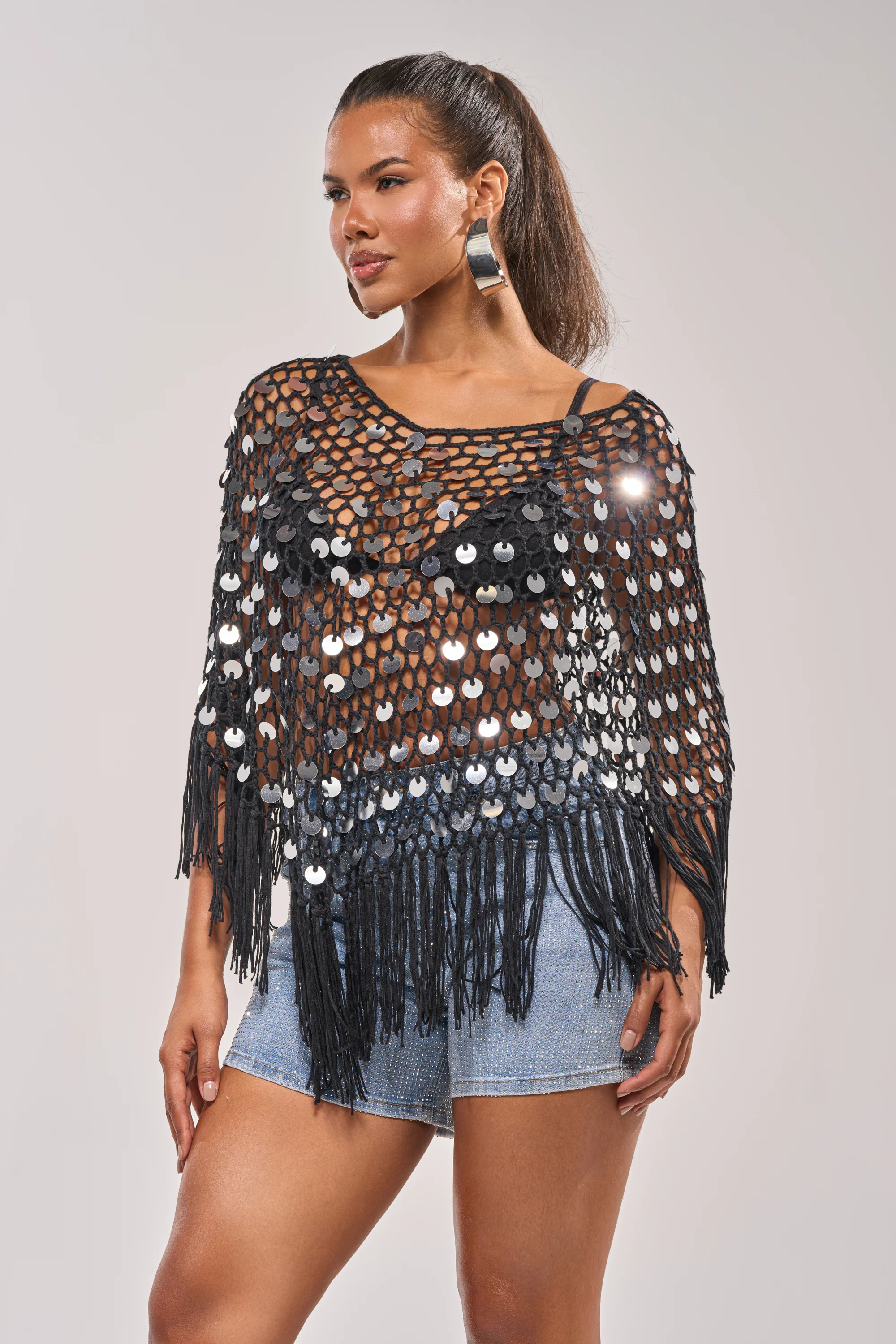 UNDER THE LIGHTS CROCHET SEQUIN PONCHO - Akira Store