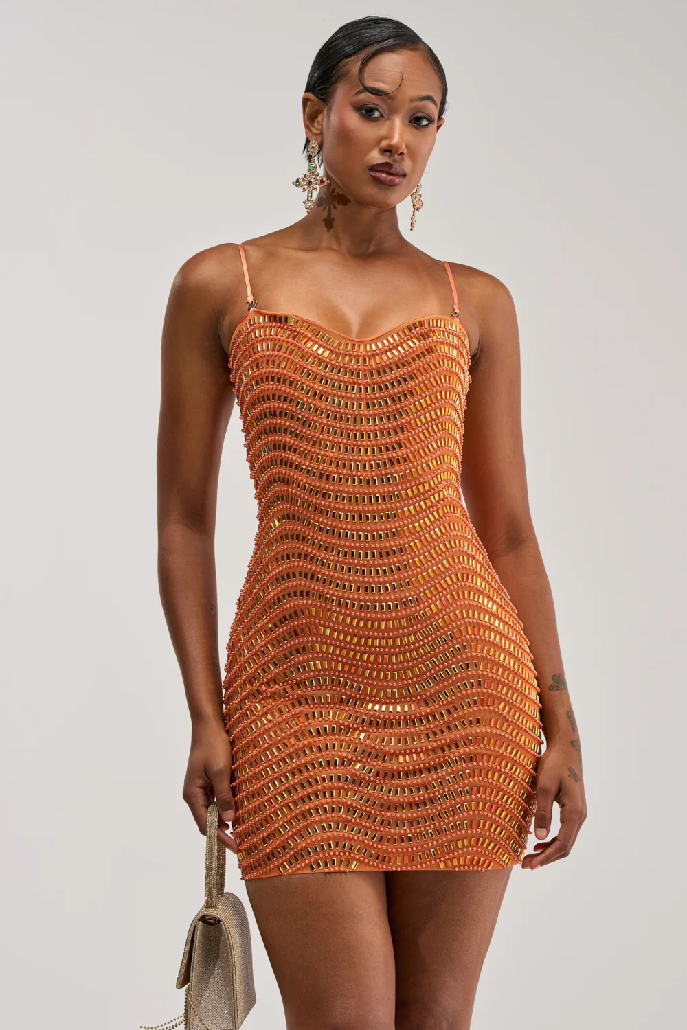 SHINE ON RHINESTONE MINI DRESS IN ORANGE - Akira Store