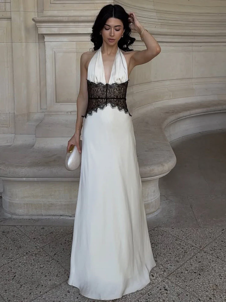 Robe Maxi Dos Nu à Panneaux en Dentelle et Col Halter