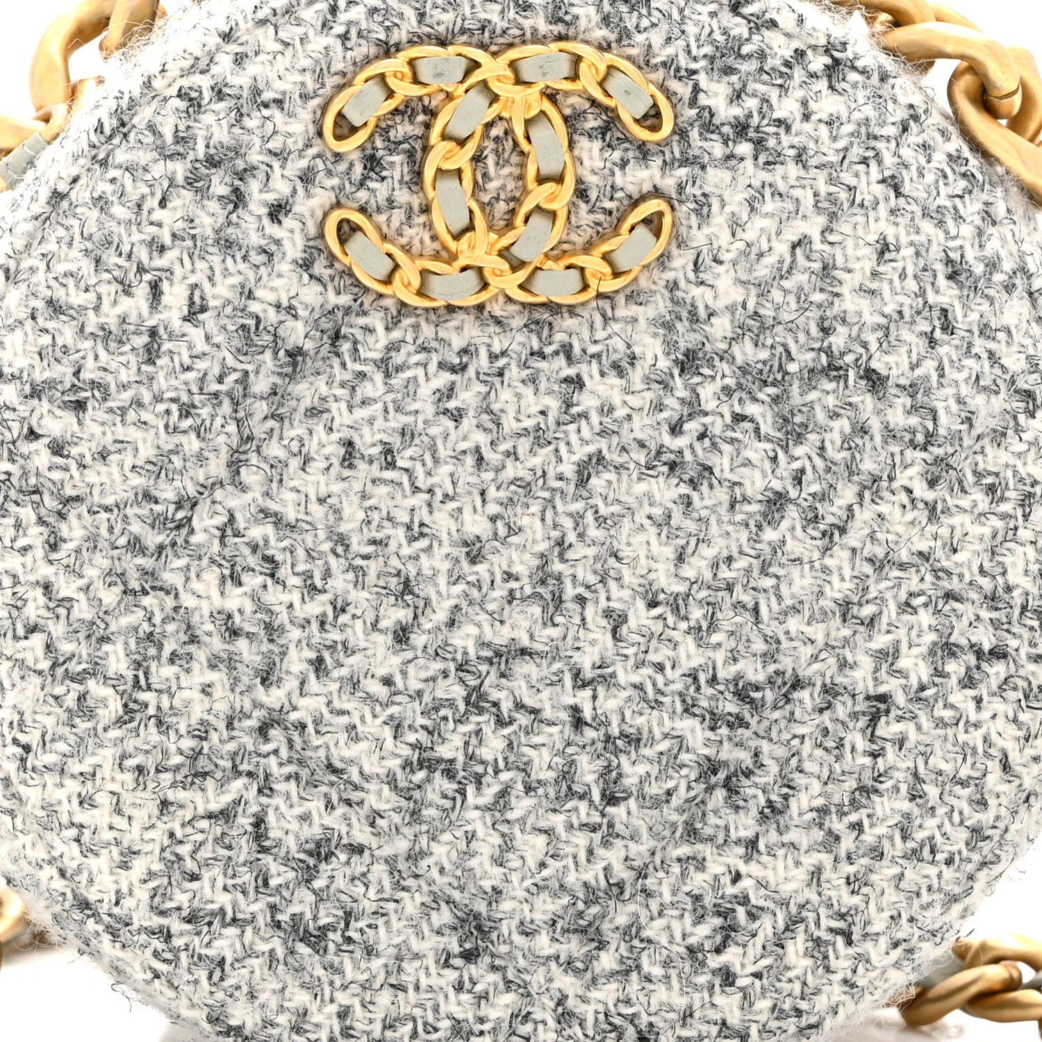 Wool Tweed Lambskin Quilted Chanel 19 Round Clutch With Chain Grey Ecru
