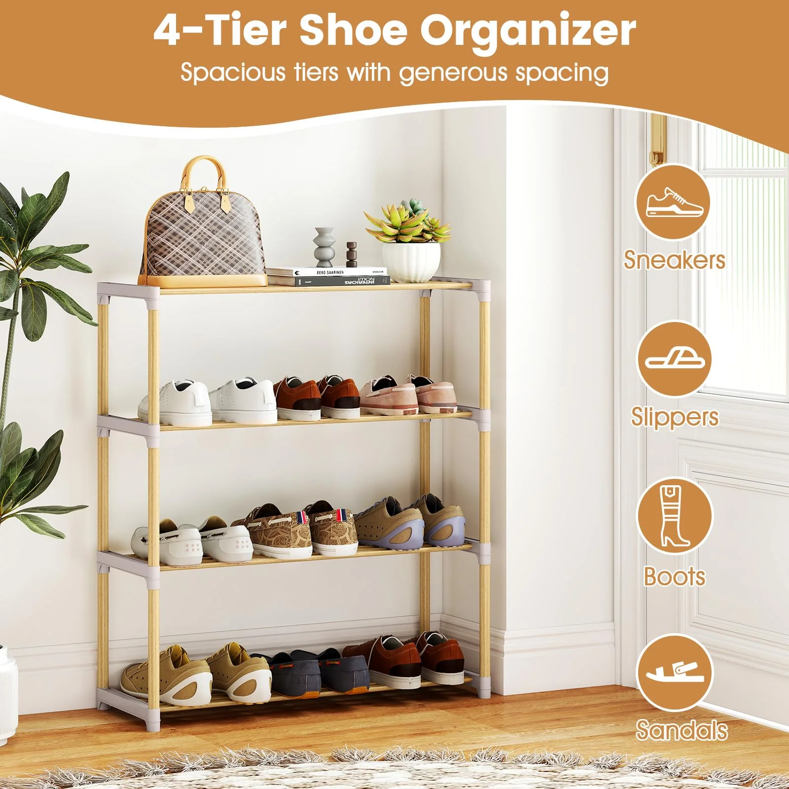 Tangkula 4-Tier Solid Wood Shoe Rack