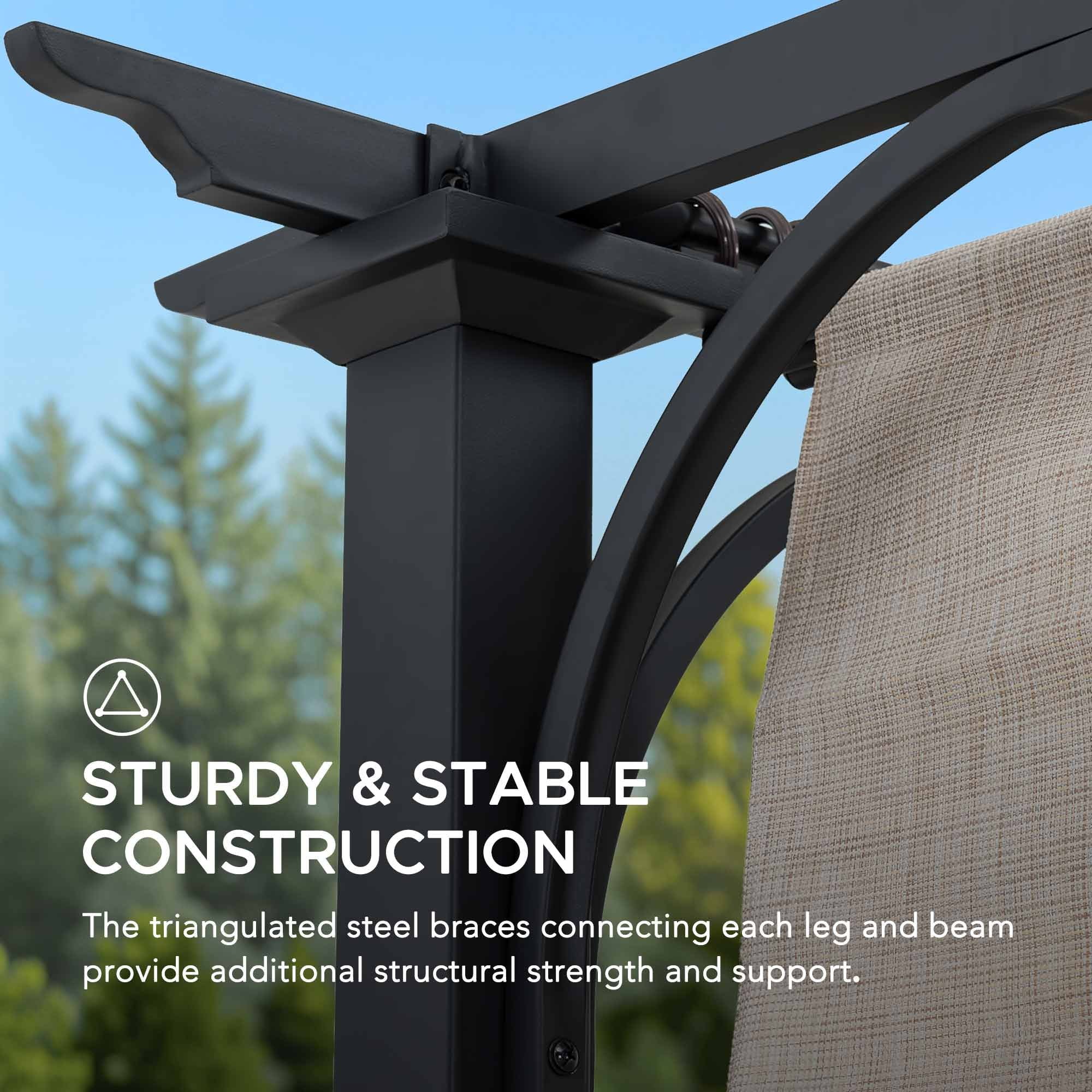 Sunjoy Outdoor Pergola 9 x 12 ft. Patio Black Steel Frame Pergola with Retractable Beige Canopy Shade for Backyard, Garden Activities