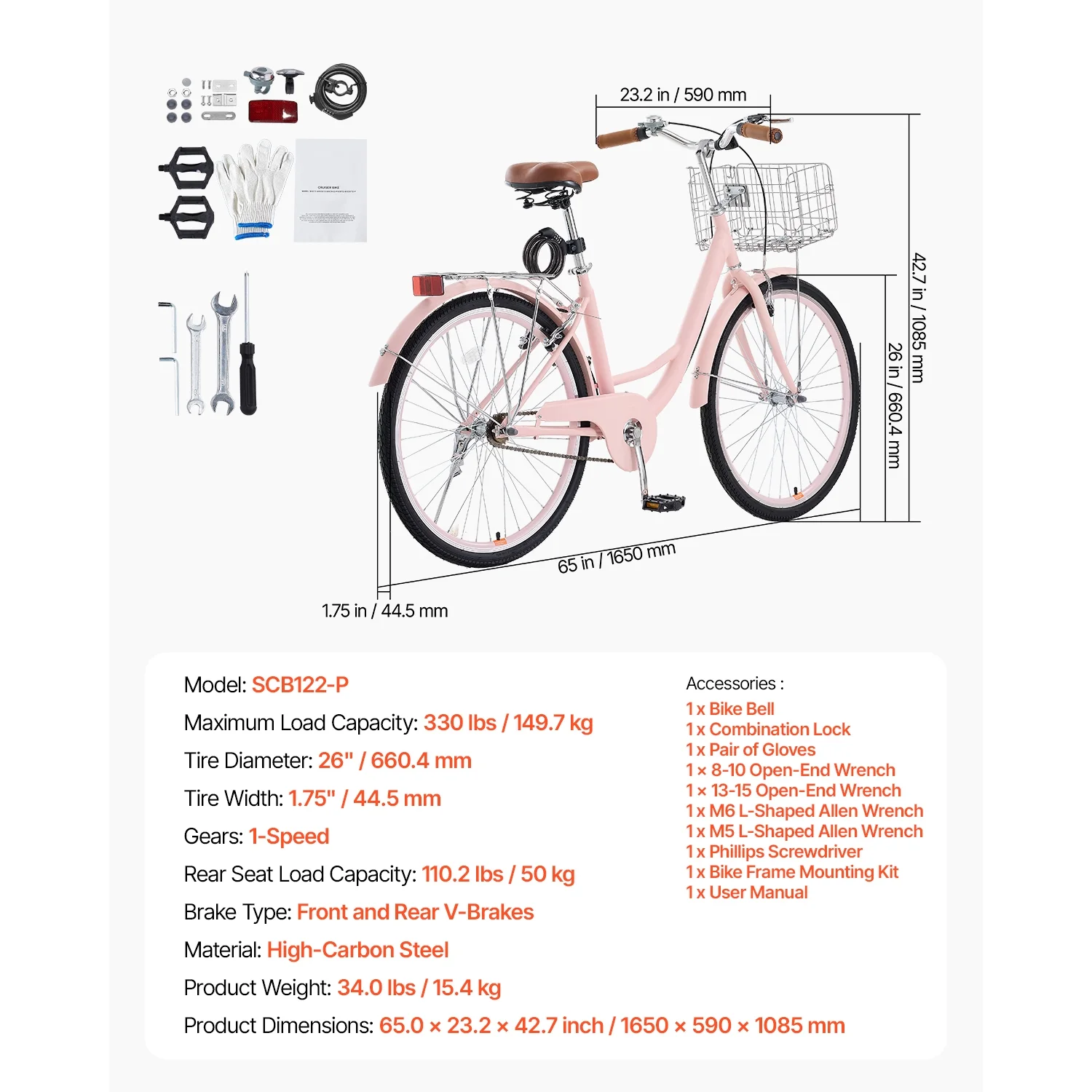 26" Cruiser Bike, Single Speed,Rose-Colored Seaside Cycling Bike with Spacious Basket and Back Stand, Reliable Robust Leisure Bicycle with Modifiable Saddle - Image 9
