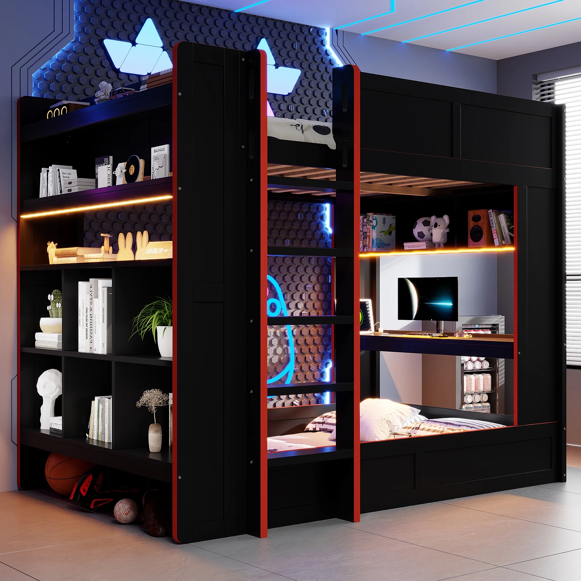 Wood Full Size Loft Bed with Desk and Shelves, Gaming Bunk Bed with LED Light and USB Charging, Black(Black) - Image 5