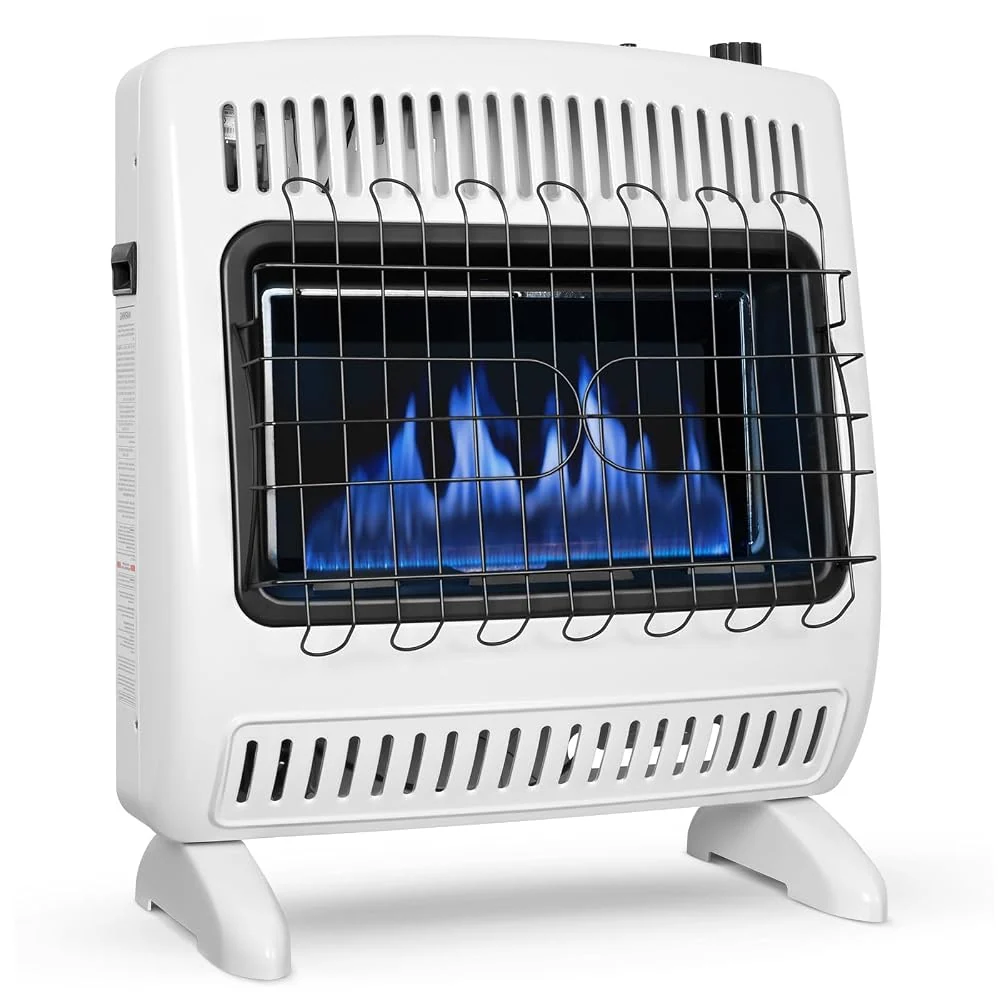 Vent Free 30,000 BTU Propane Gas Heater, Blue Flame, Wall Mounted Gas Heater with Thermostat & Base Feet for Indoor Use, Piezo Ignition, Heats Up to 1400 Sq. Ft.