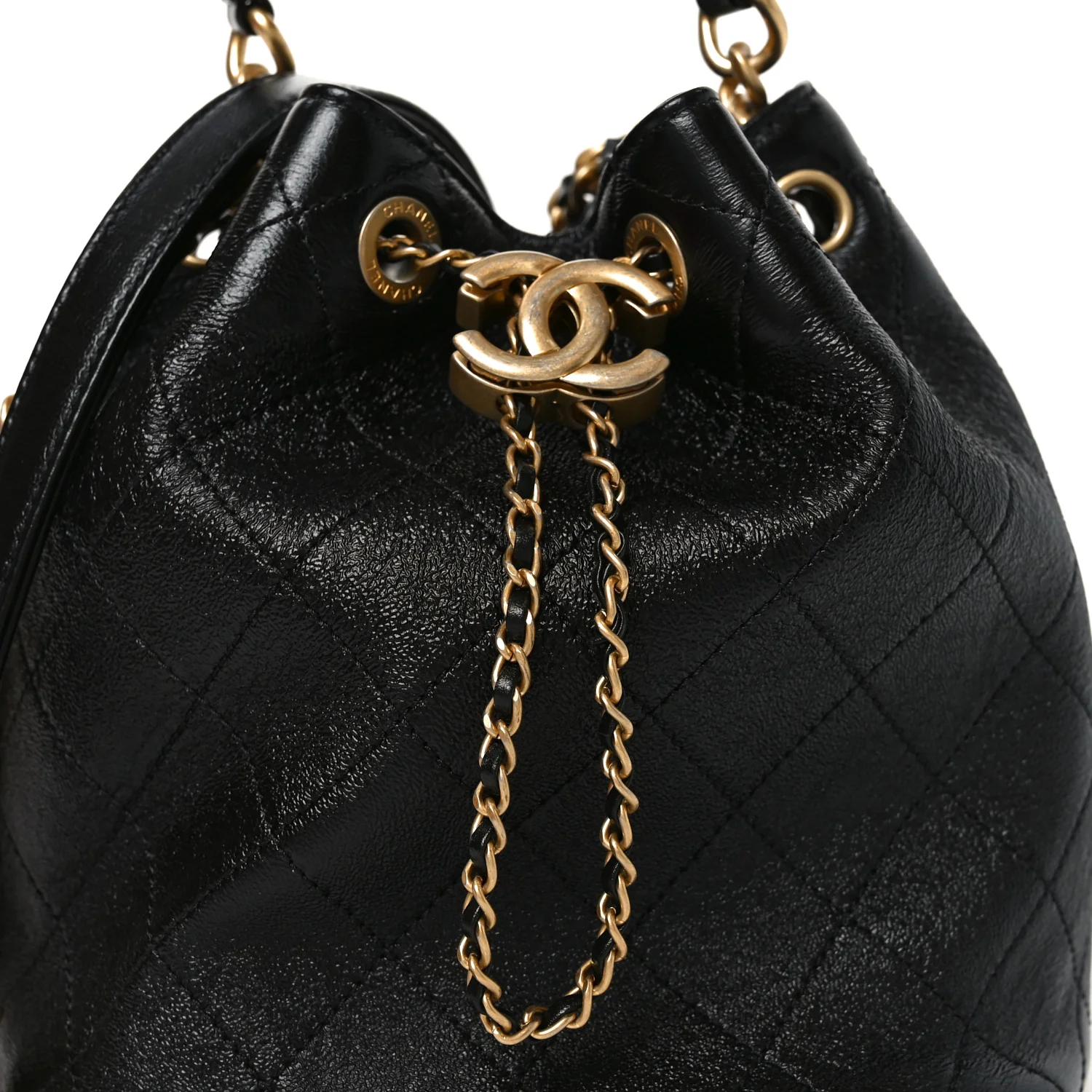 Shiny Lambskin Quilted Fashion Therapy Bucket Drawstring Bag Black