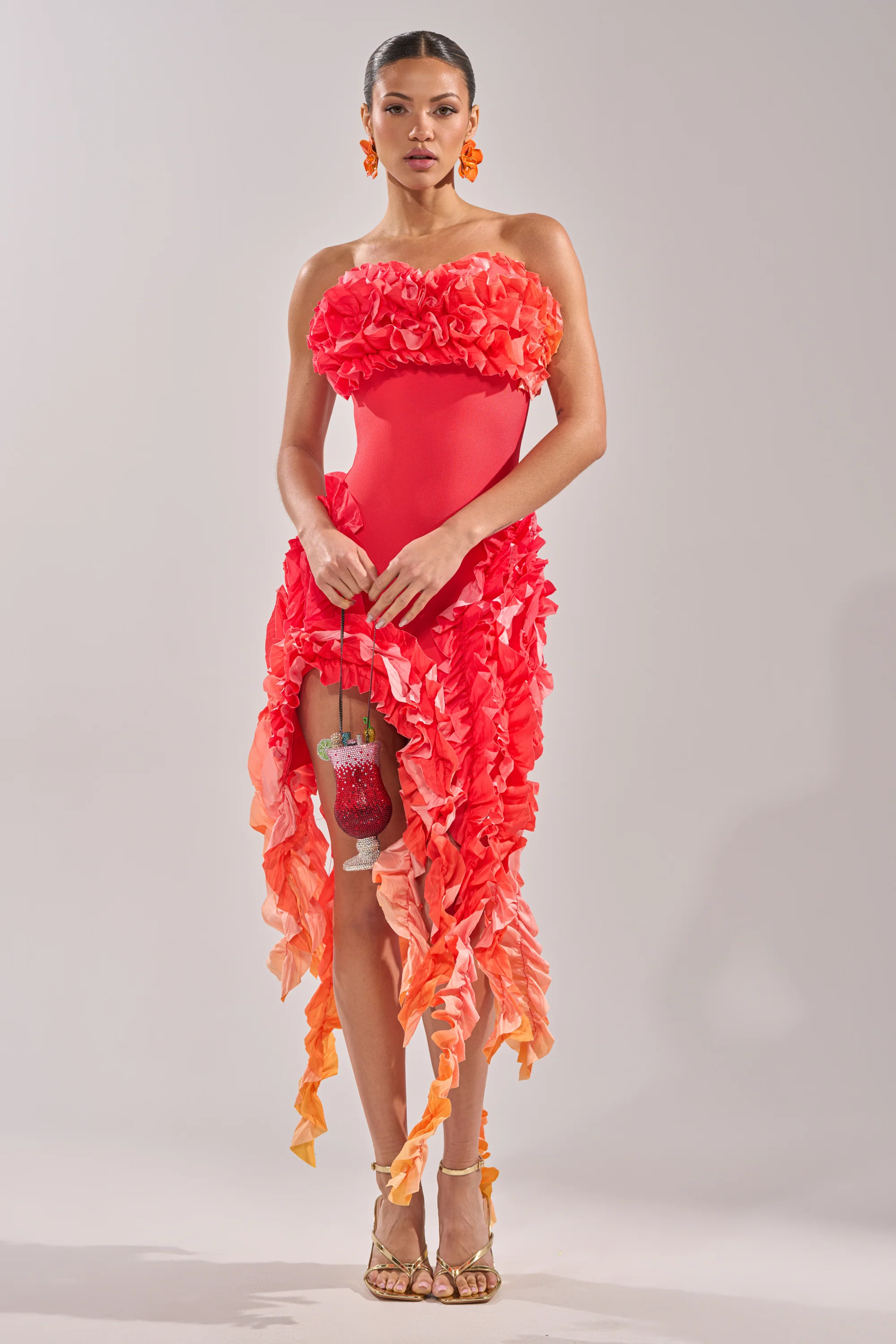 CITY LIGHTS RUFFLE MAXI DRESS IN RED OMBRE - Akira Store