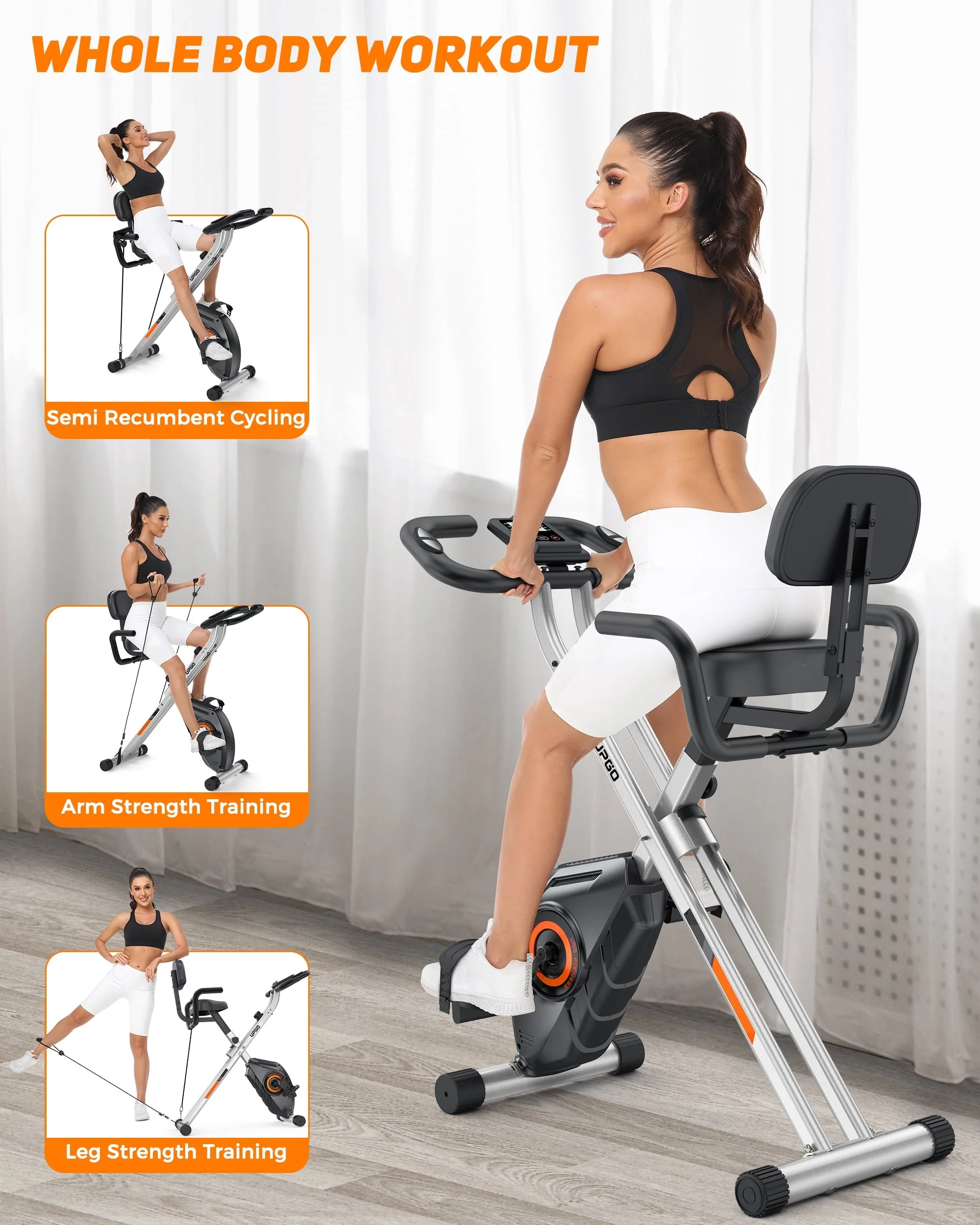 Folding Exercise Bike 4 in 1 Upright Indoor Cycling Bike with 350lbs Capacity Foldable Stationary Bike with Large Comfortable Seat Cushion and Arm Resistance Band, Pulse Sensor Image 8