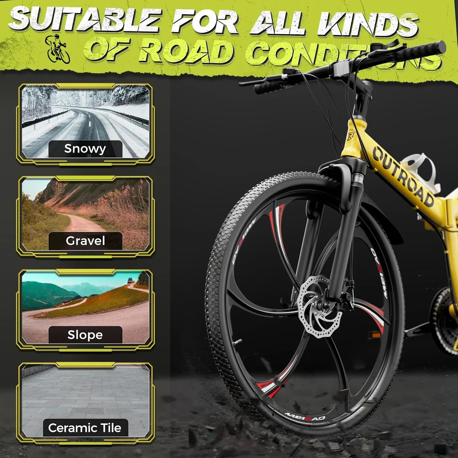 SUNCROWN 26 Inch Folding Mountain Bike, 21 Speed Full Suspension High-Carbon Steel MTB Foldable Bicycle, Dual Disc Brake Non-Slip Folding Bikes for Adults/Men/Women, Black