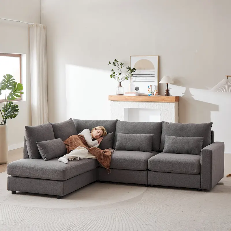 100.2 Linen L-Shaped Sectional Sofa Set with Ottoman and Lumbar Pillows