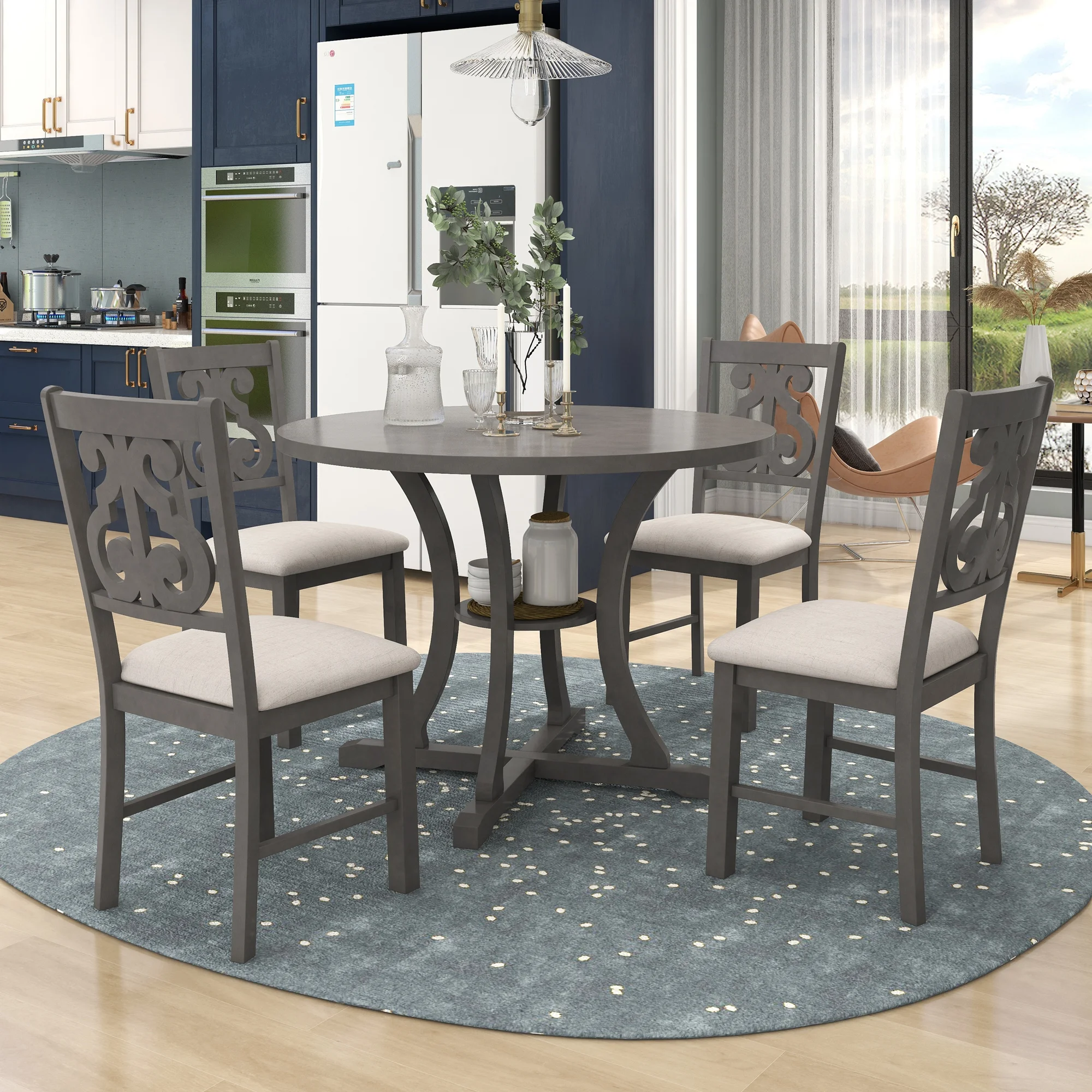 5 Pieces Wooden Round Dining Table and Chair Set with Special-shaped Legs and an Exquisitely Designed Hollow Chair Back for Dining Room(# 3:Gray (Round)) - Image 4
