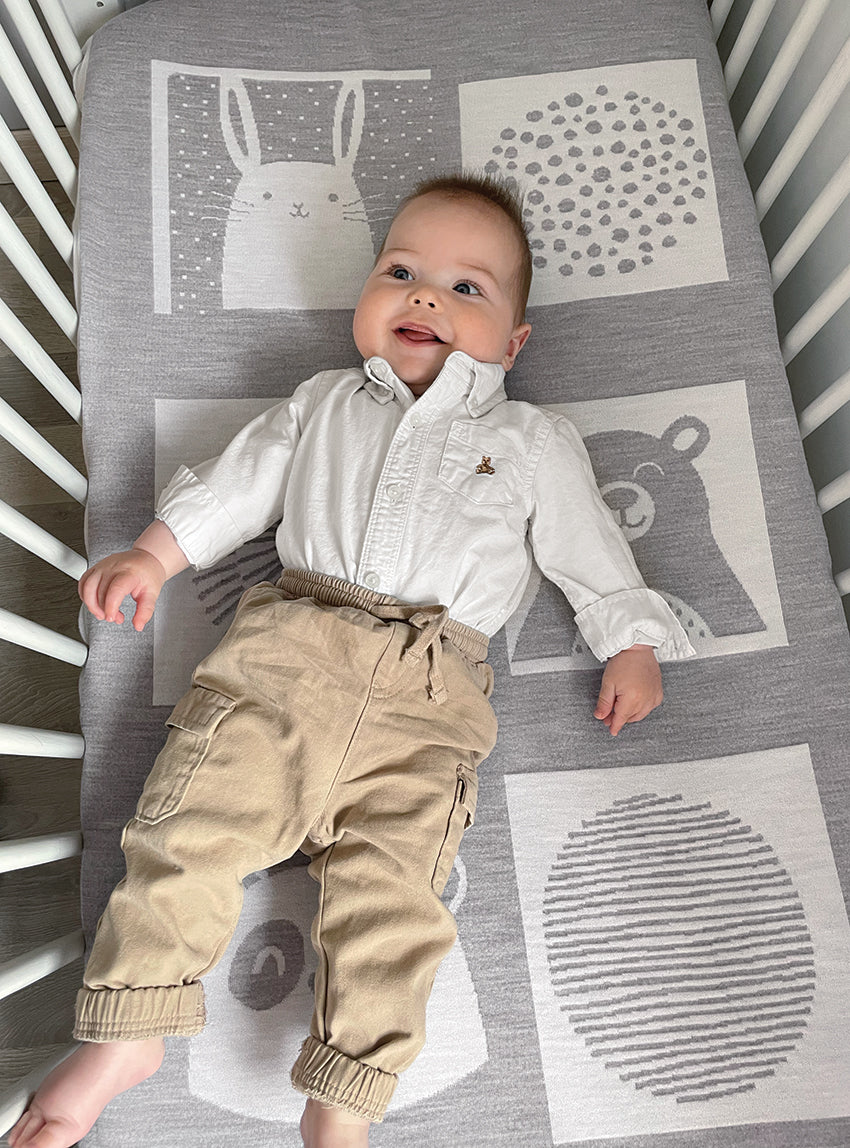 Plaid bébé laine mérinos motif animaux gris métal