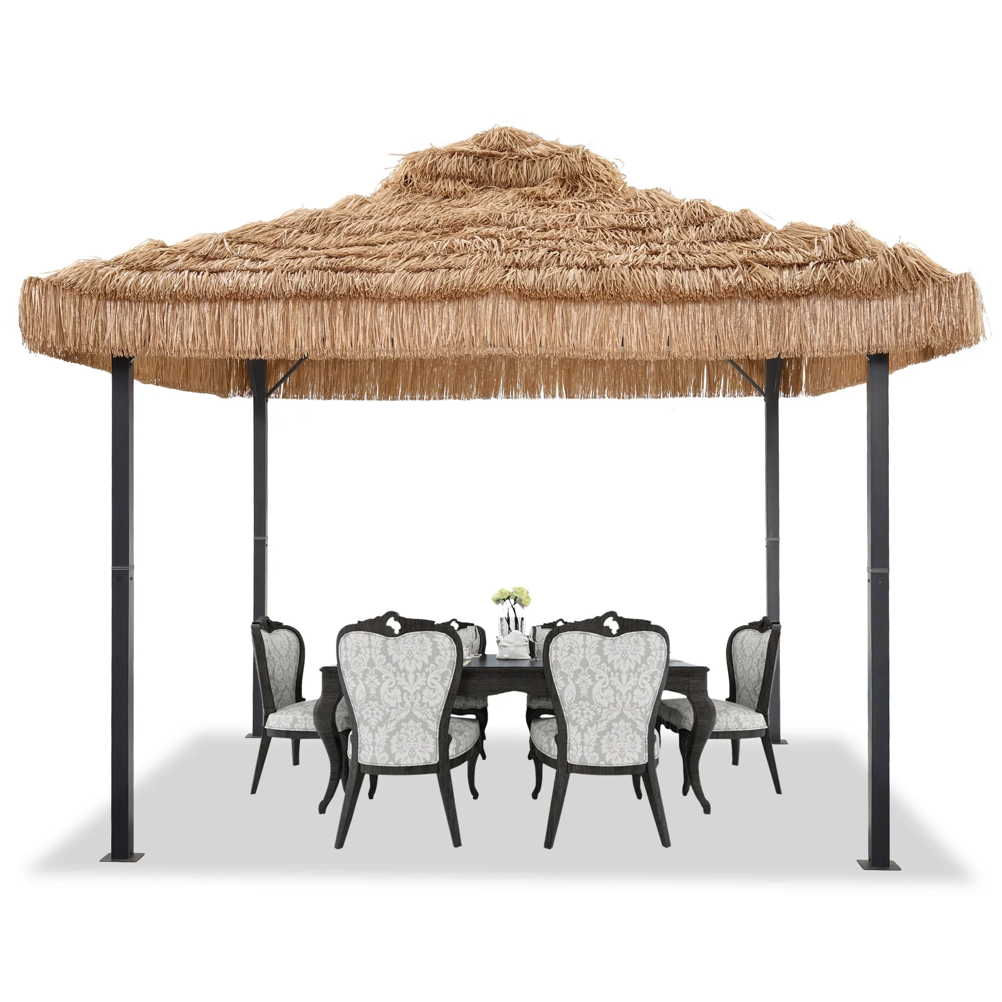 Ainfox 10x10 Thatched Tiki Pavilion Gazebo, Patio Gazebo with Straw Thatch Roofing, Hawaiian Style Steel Frame