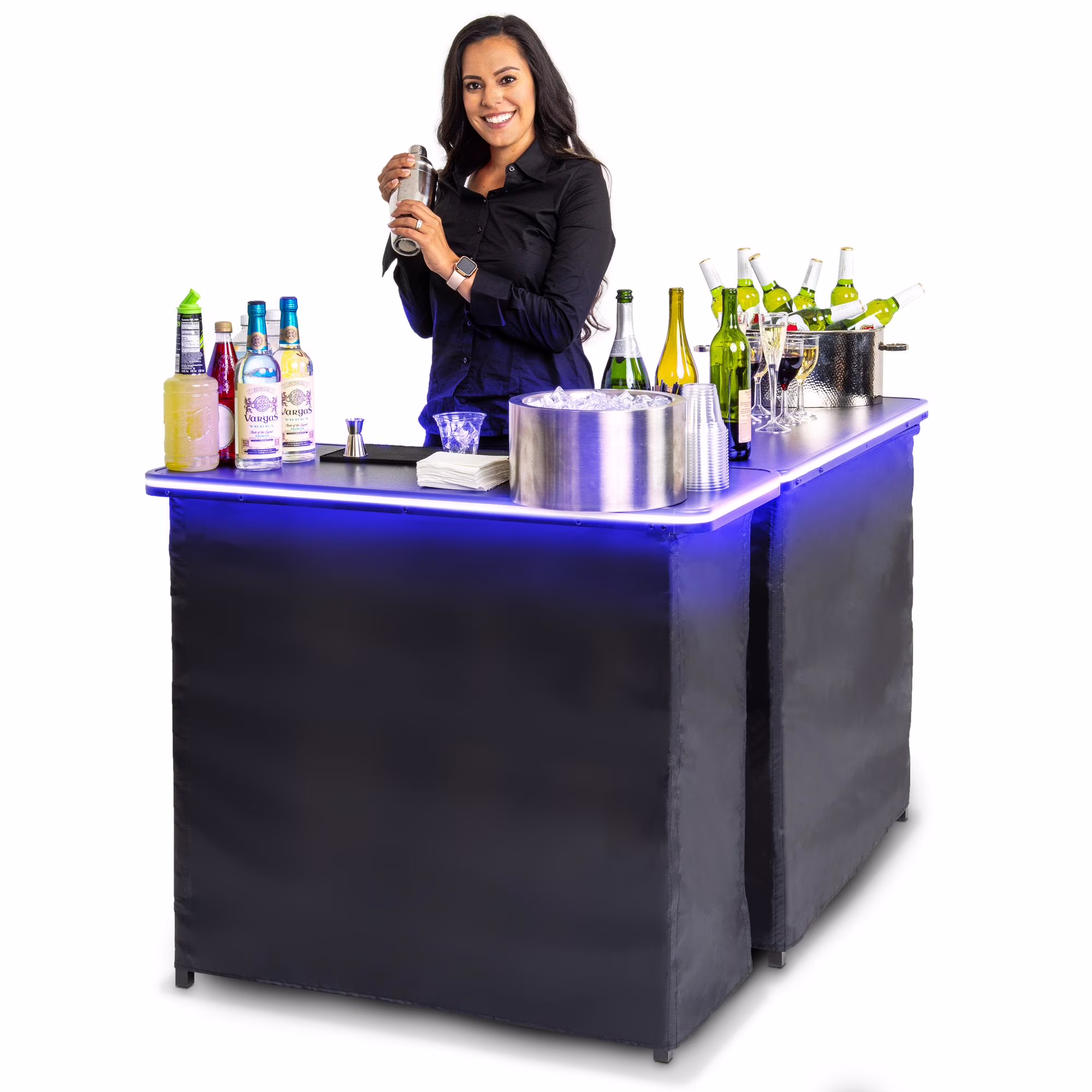 Portable Double Bar Table Set with Multi-Color LED Lights Mobile Bartender Station for Events Includes Carrying Case