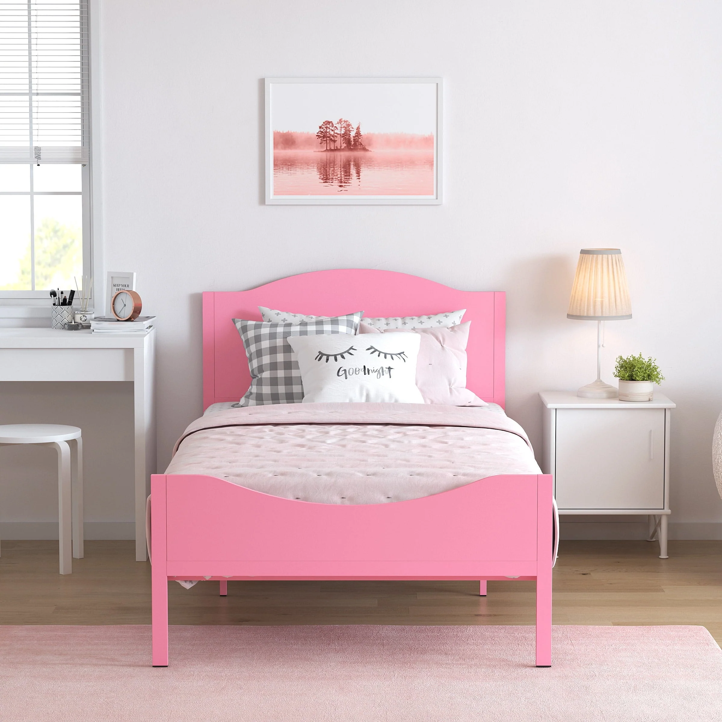 Yoneston Kids Twin Metal Platform Bed Frame with Wood Headboard for Girls, Toddler, Kids, and Teens, Pink Finish