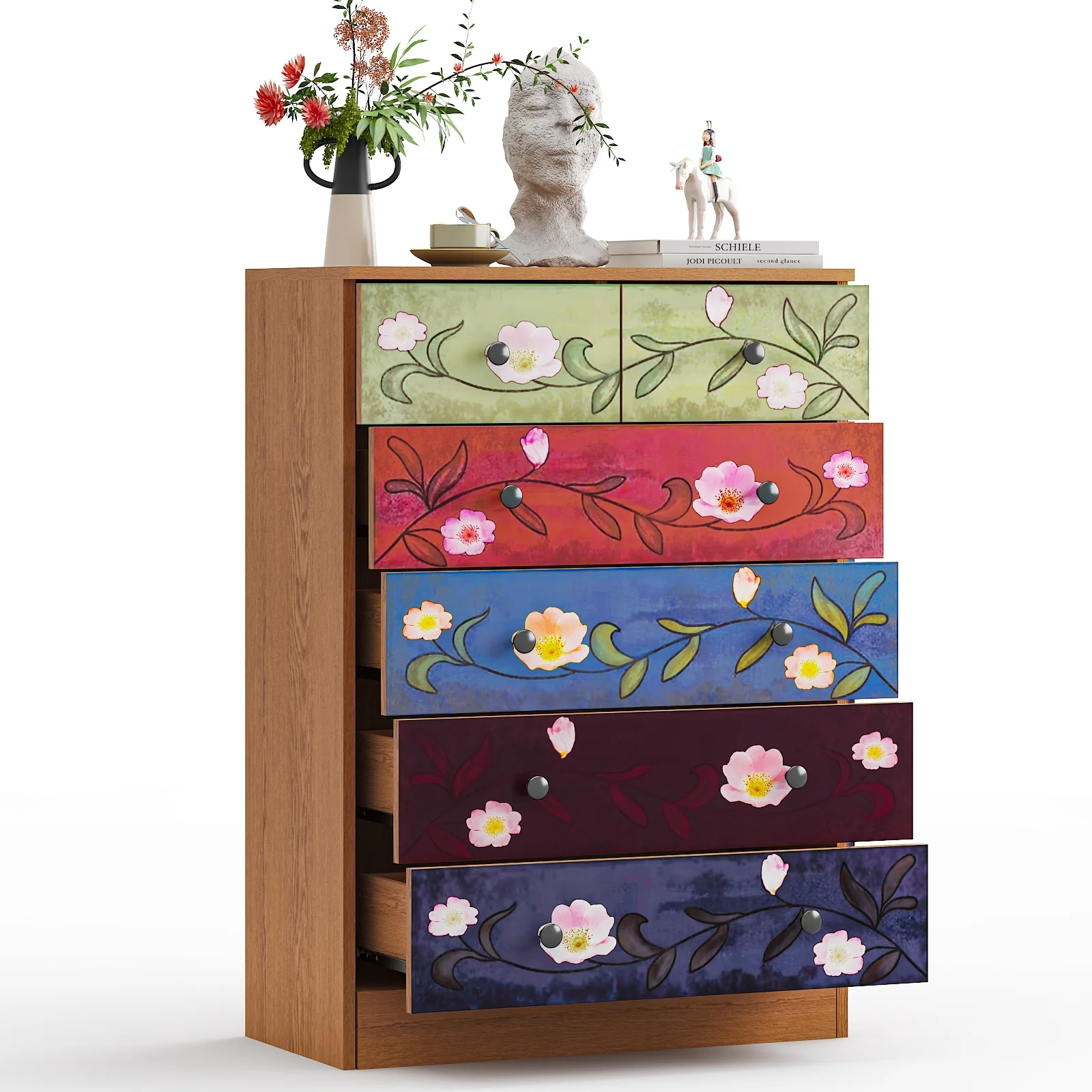 Wood 6 Drawer Dresser Organizer for Bedroom Storage Tower for Entryway Hallway Closet, Tall Chest Organizer Unit with Wood Bins, Floral Painted Wooden(Brown 5 Layer 6 Drawers) Image 9