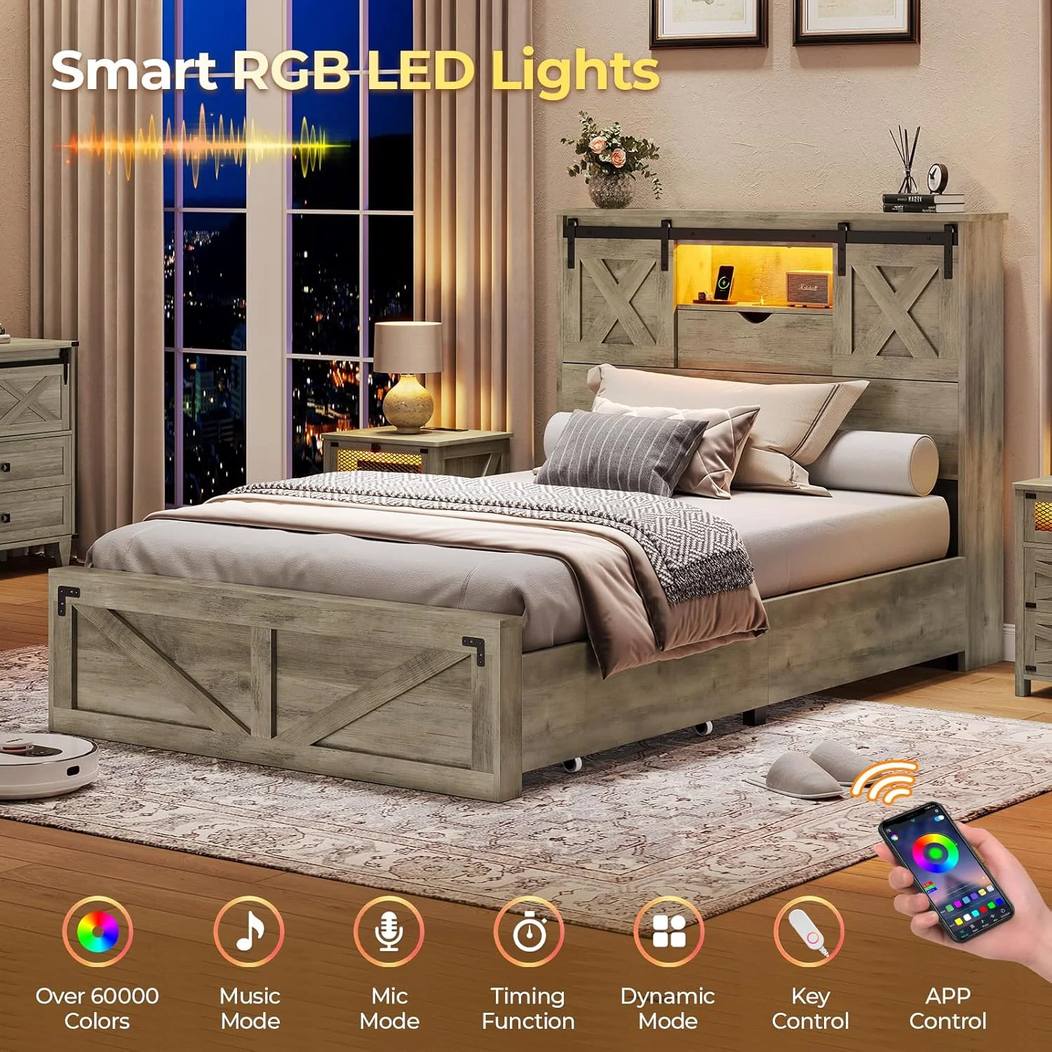 Twin XL Size Bed Frame with Headboard and Drawers, Farmhouse Twin XL Platform Bed Frame with LED Lights and Charging Station, No Box Spring Needed,Gray(Twin-XL) - Image 5