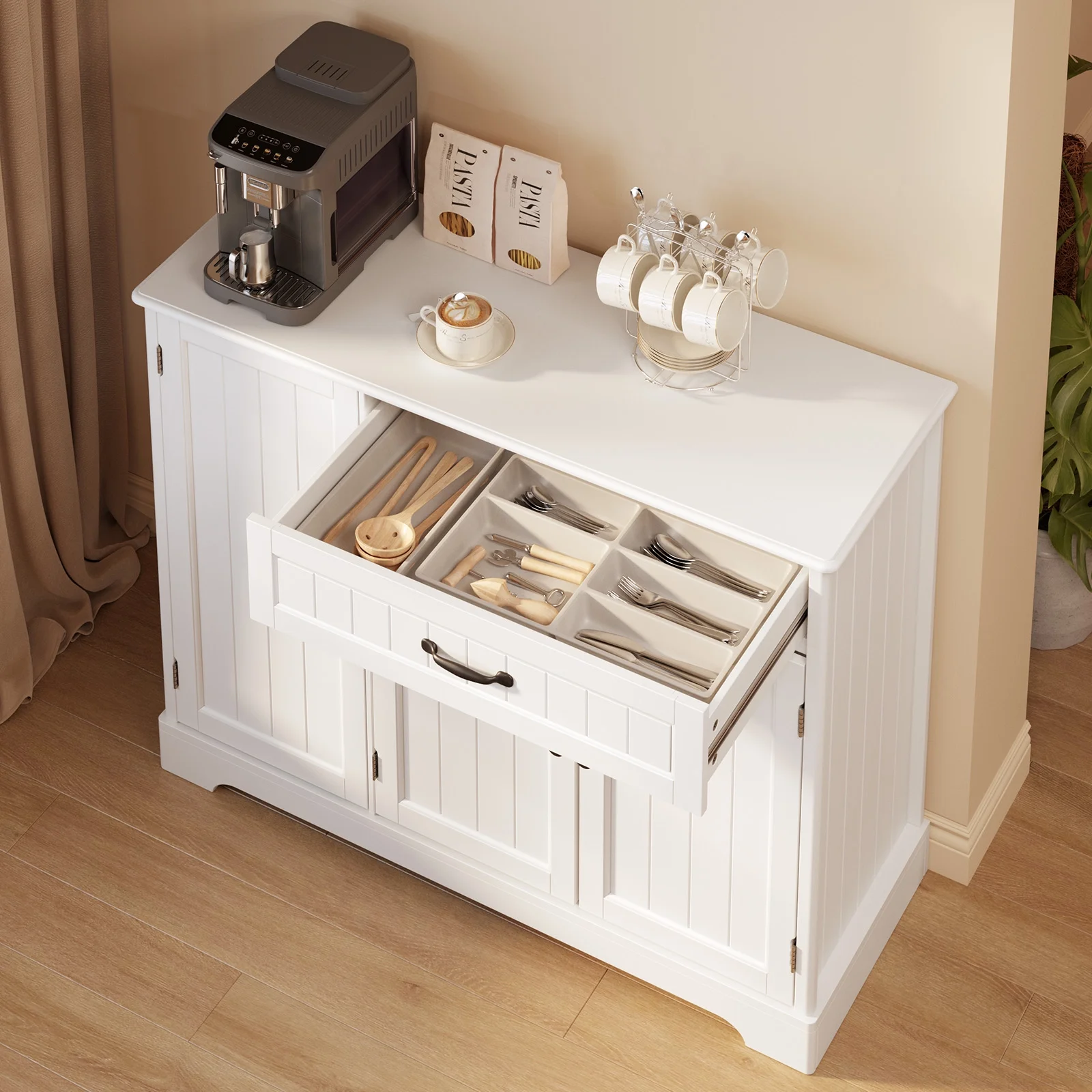 Coffee Bar, 42" Kitchen Storage Cabinet, Sideboard Buffet Cabinet with 8 Shelves, 1 Drawer(White) - Image 4