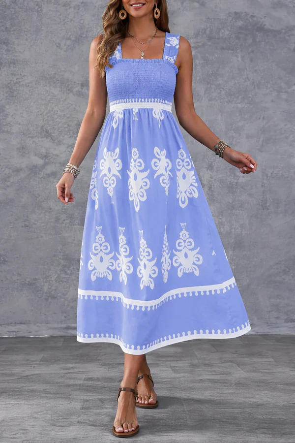 Robe Maxi Smockée à Imprimé Géométrique Artistique