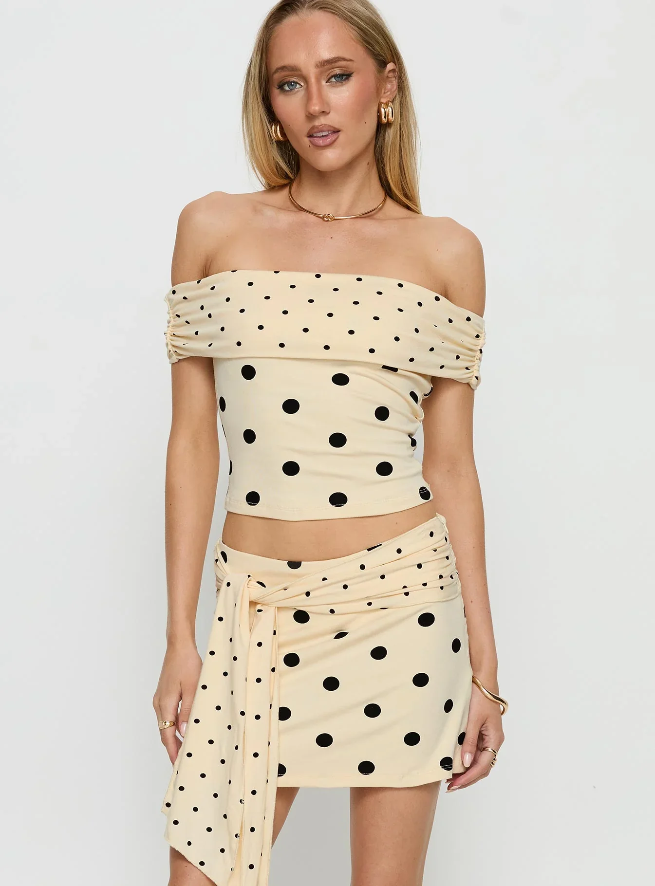 Porzia Wrap Detail Mini Skirt Cream Polka Dot