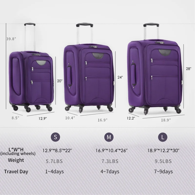 Softside Luggage Expandable 3 Piece Set Suitcase Upright Spinner Softshell Lightweight Luggage Travel Set(Purple + Polyester) - Image 6