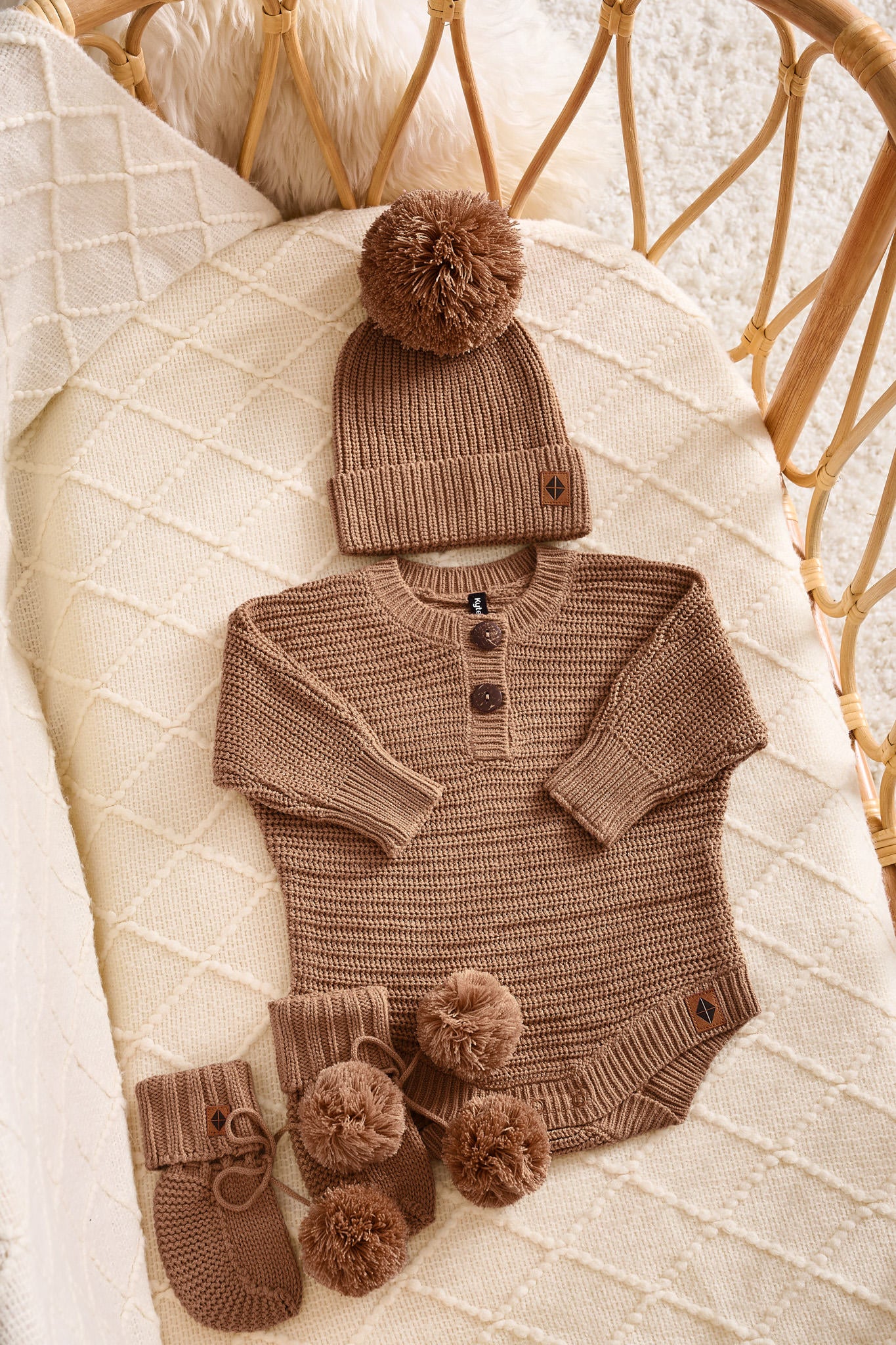 Chunky Knit Romper Set with Beanie & Booties in Latte