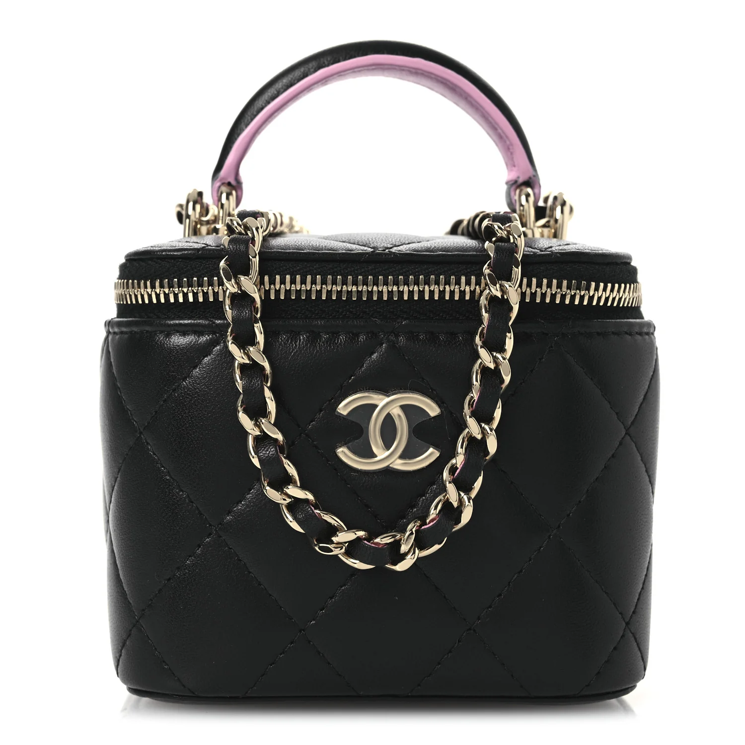 Lambskin Quilted Top Handle Mini Vanity Case With Chain Black Pink