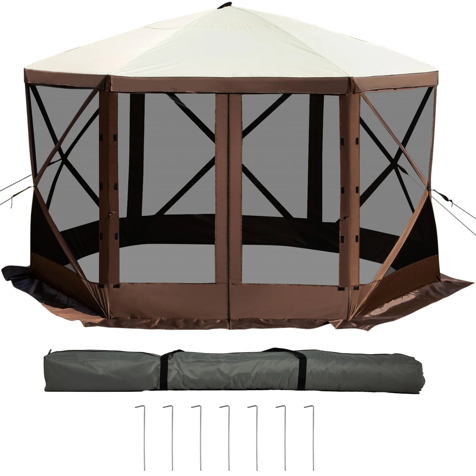 Camping Gazebo Tent, 12'x12', 6 Sided Pop-up Canopy Screen Tent for 8 Person Camping, Waterproof Screen Shelter w/Portable Storage Bag, Ground Stakes, Mesh Windows, Brown Beige - Image 9