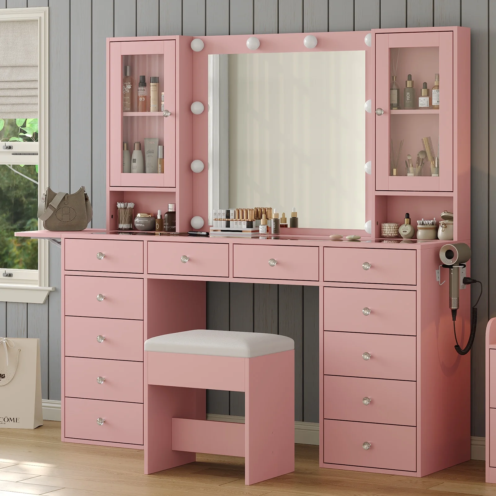 Vanity With Power Outlet, Vanity Desk With Mirror And 10 LED Lights, Makeup Vanity With 12 Drawers And 2 Cabinets, Fold-Up Panel, Glass Top Vanity Table With Chair For Bedroom - Image 3