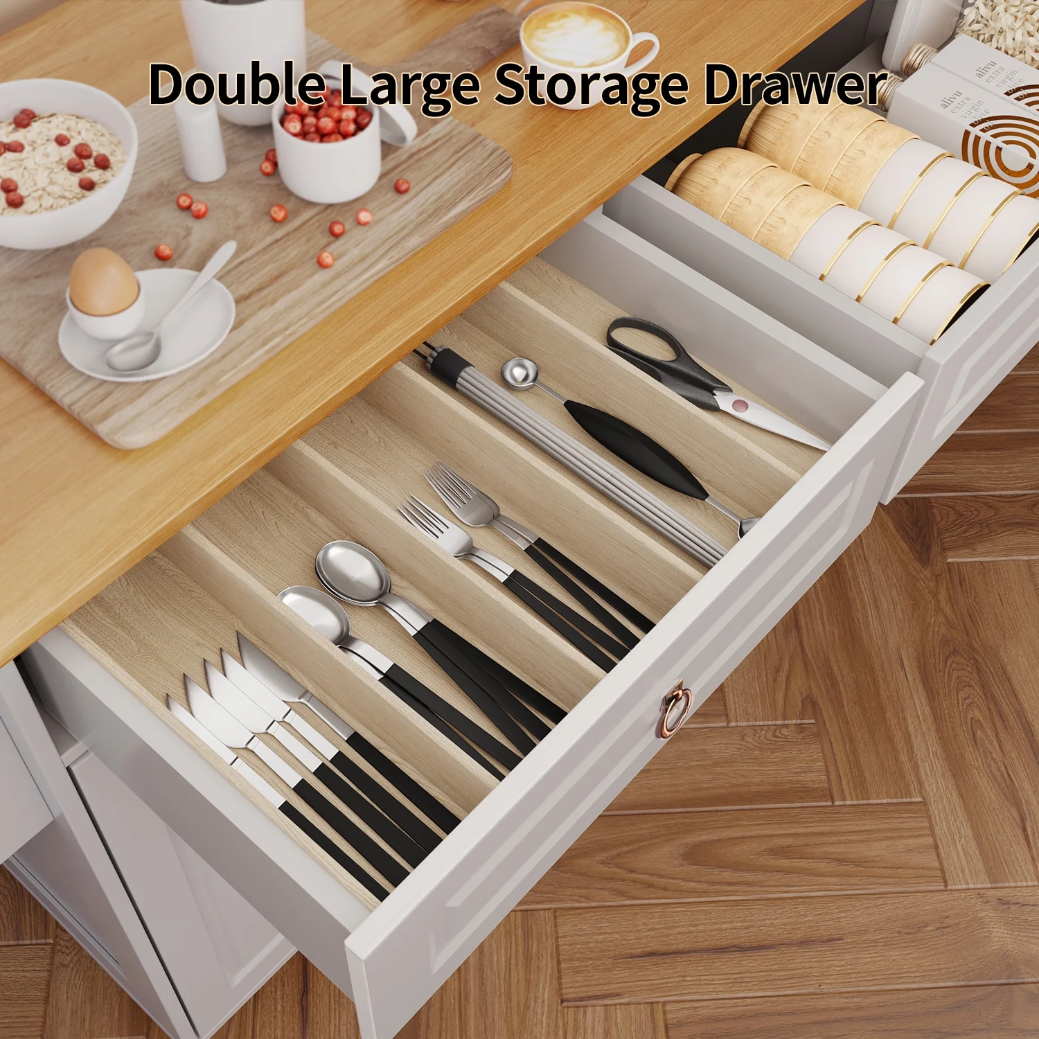52-Inch Kitchen Island with Storage on Wheels with Wood Drop Leaf, Ideal for Small Kitchens(White) - Image 4