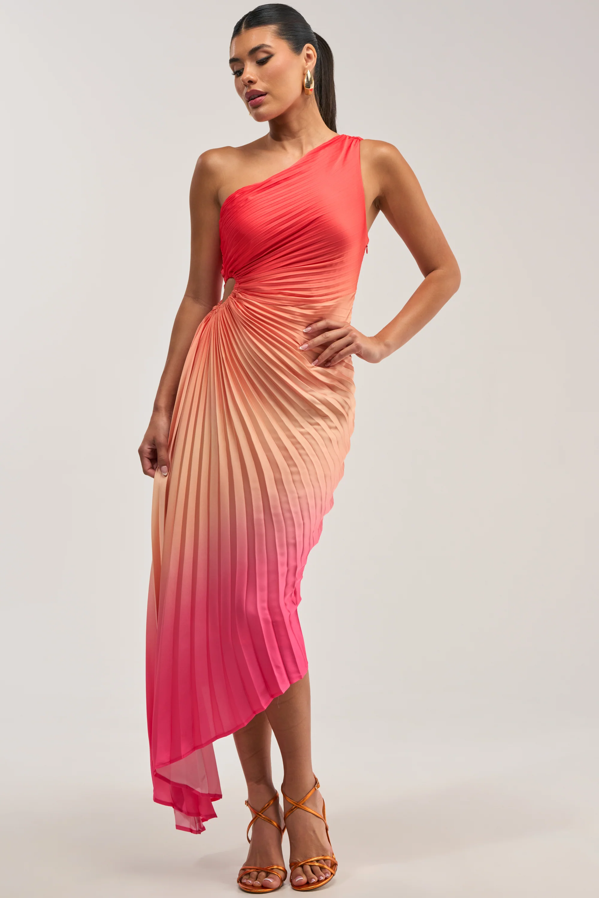 WILD CARD ONE SHOULDER OMBRE MIDI DRESS IN PINK - Akira Store