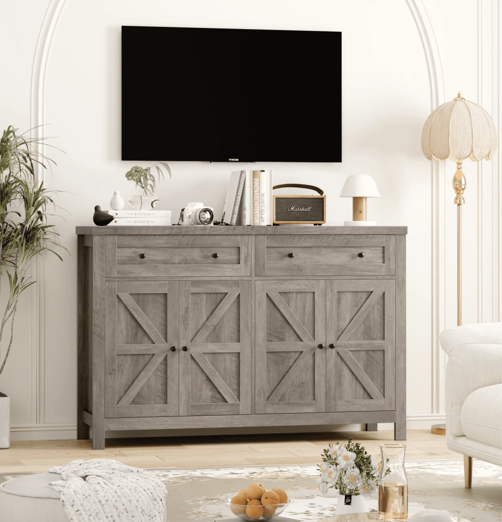 Homfa Farmhouse Kitchen Storage Cabinet, 4-Doors 2-Drawers Wood Buffet Sideboard for Dining Room Living Room, Gray(Brown)