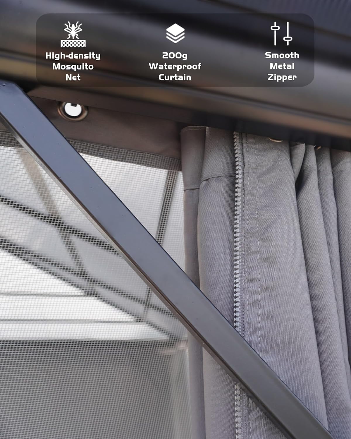 WALYWIK Hardtop Gazebo 12FT*16FT for All Weather, Double Polycarbonate Sheet Roof, Aluminum Frame, Net and Curtains, Permanent Construction for Patio, Deck, Backyard, Lawn and Garden, Grey