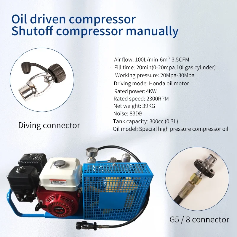 TUDIVING PCP Air Compressor, 4500psi/300bar Air Pump, 100L/min Air Flow Diving Compressor, Built-in filter for Scuba Tank Paintball, Gasoline Engine