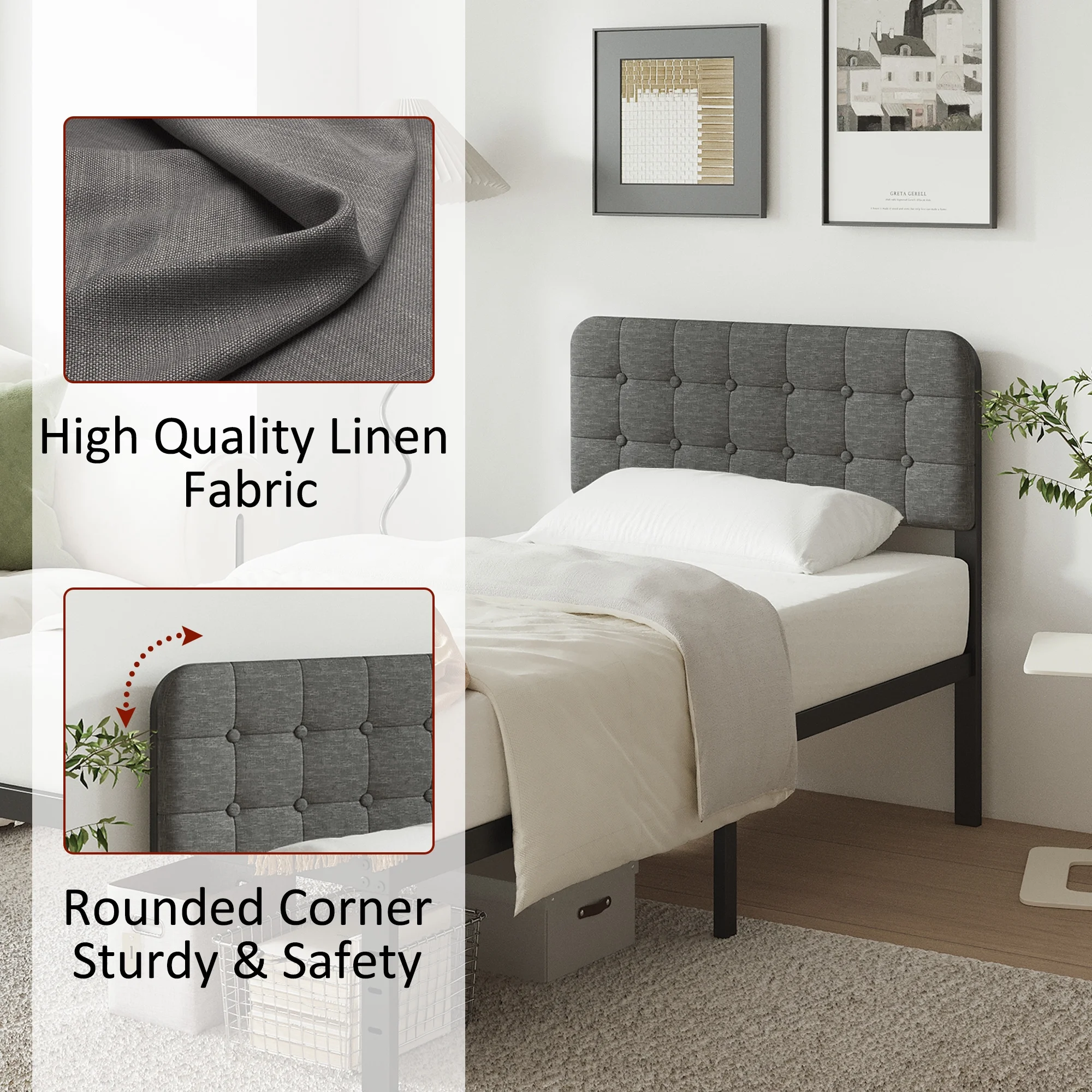 Maenizi Twin XL Bed Frames with Upholstered Headboard, 18 in Twin XL Metal Bed Frame No Box Spring Needed, Heavy Duty Metal Slats, Noise Free, Easy Assemble, Grey