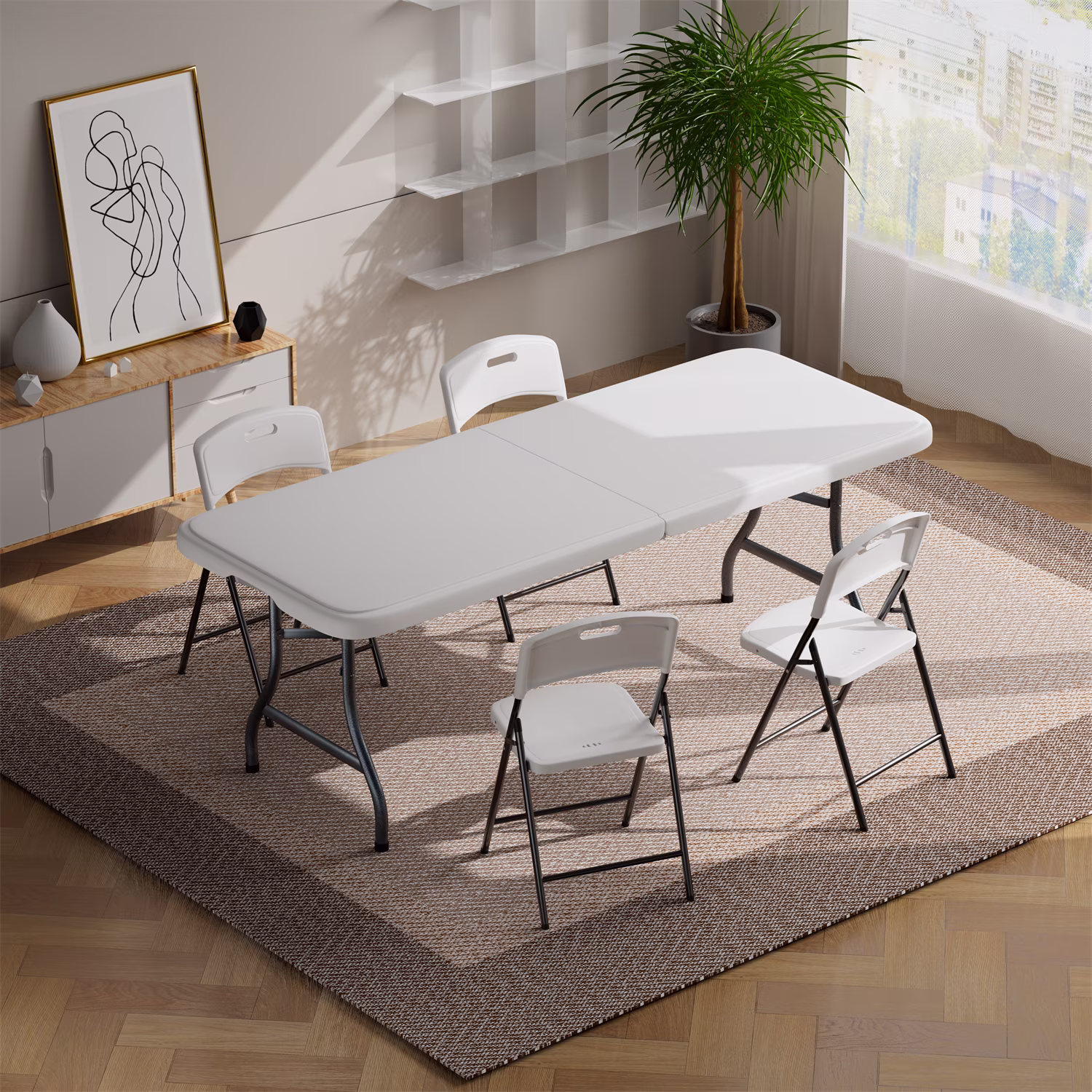 Hommoo 6ft Plastic Foldingtable, Portable Collapsible Table Outdoor Foldable Picnic Table for, Party, Hiking, Patio, Banquet, Wedding, Camping, with Lock, Handle, White