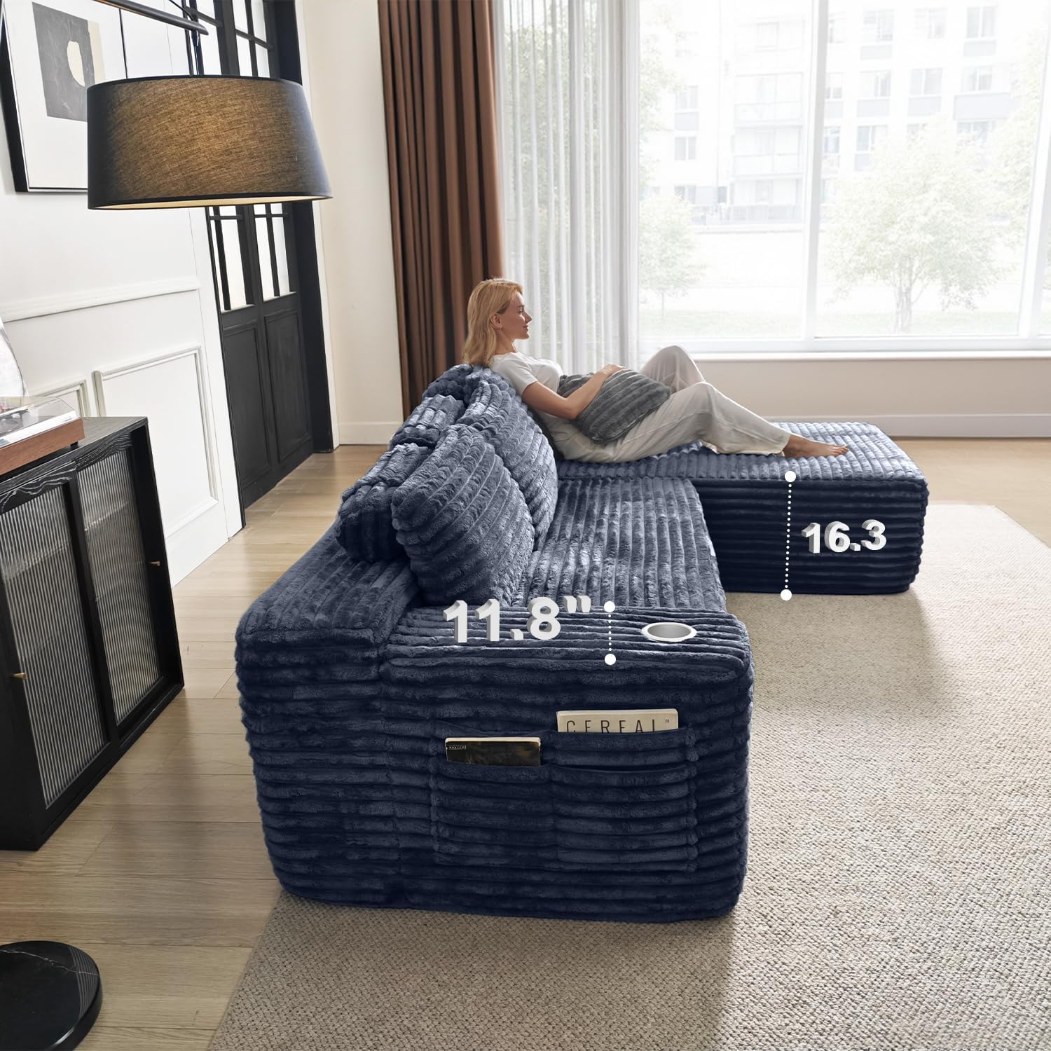 Canapé d'angle Cloud avec fauteuil inclinable en L et porte-gobelet intégré