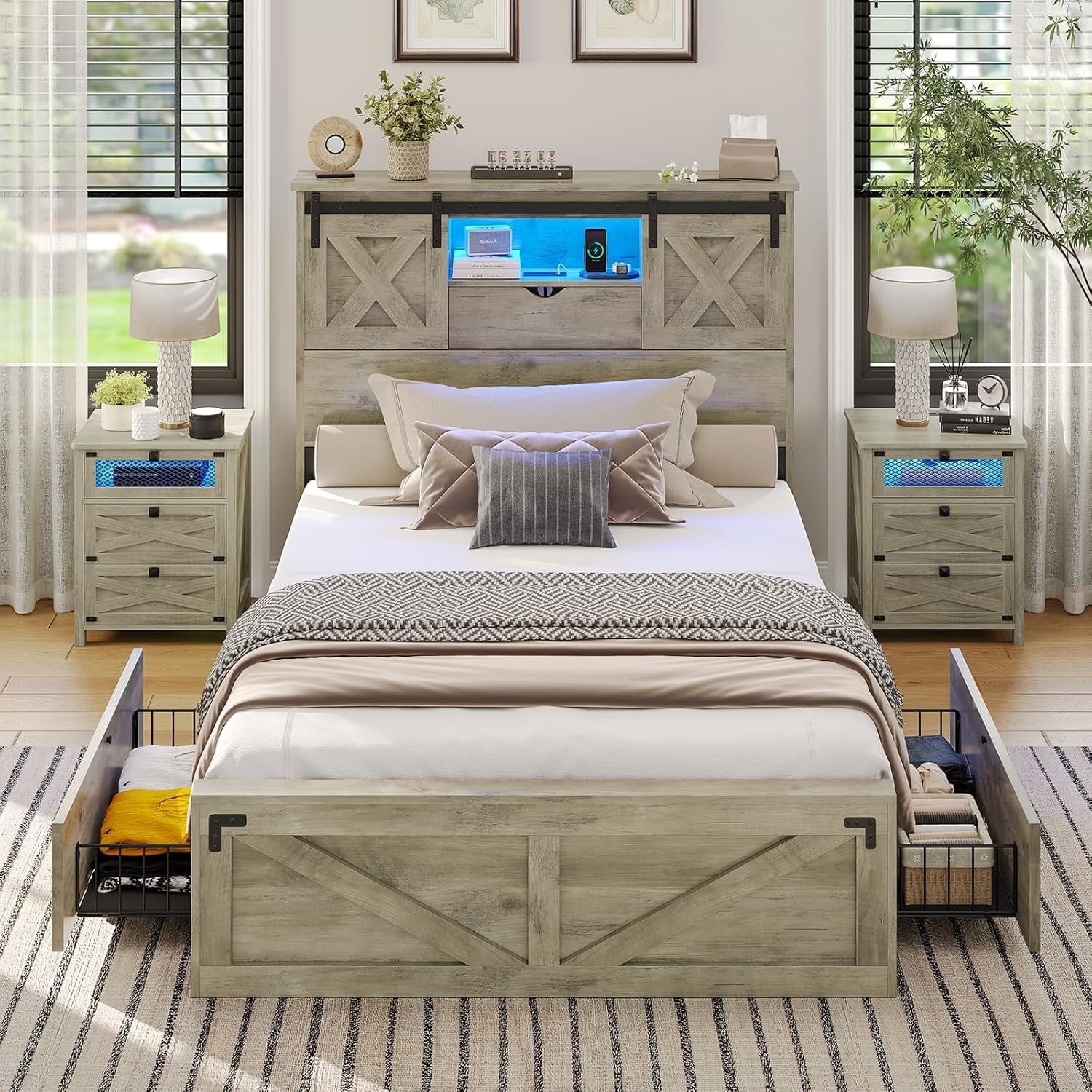 Twin XL Size Bed Frame with Headboard and Drawers, Farmhouse Twin XL Platform Bed Frame with LED Lights and Charging Station, No Box Spring Needed,Gray(Twin-XL) - Image 7
