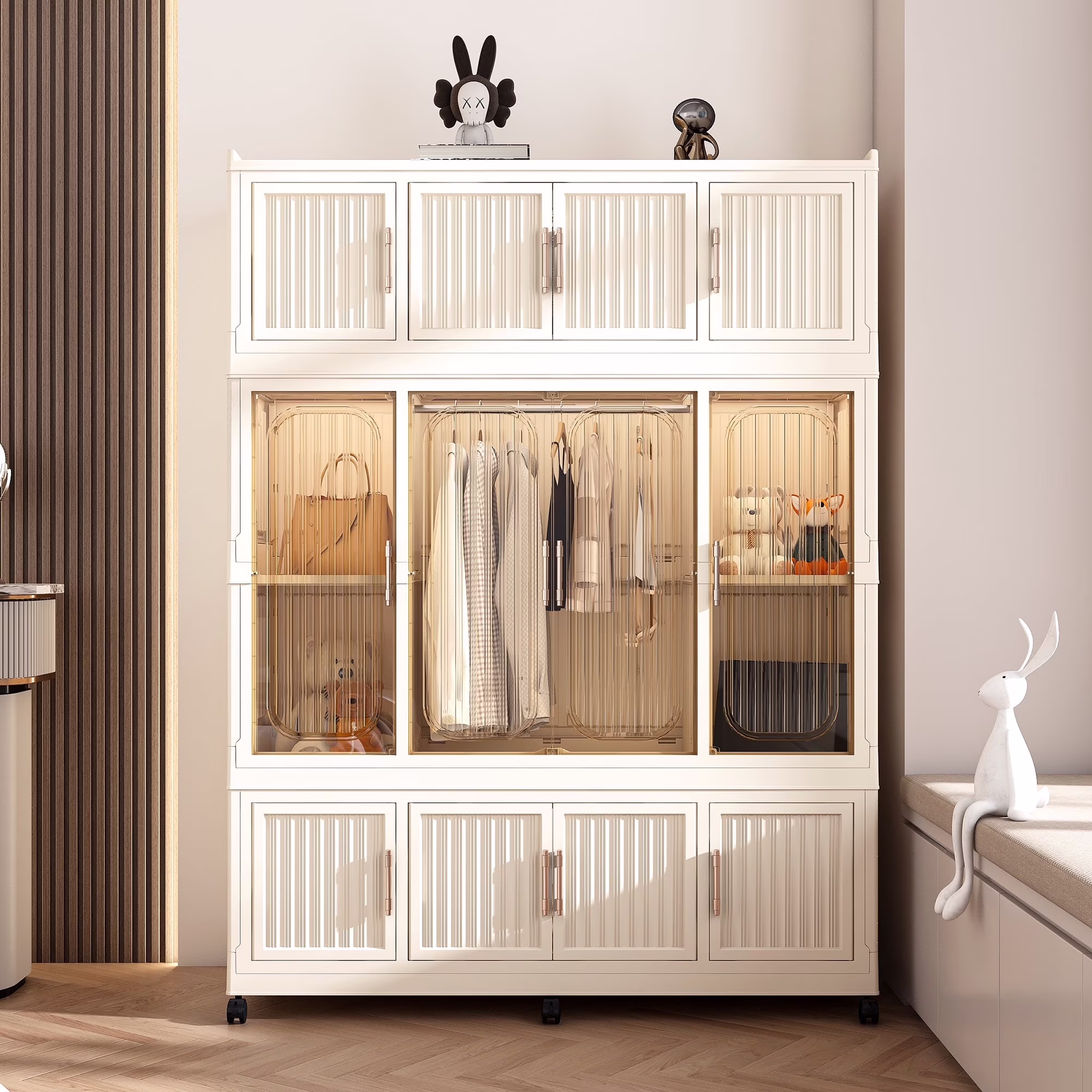 Kids Portable Wardrobe w/ Magnetic Doors Hanging Rod 4-Cube Plastic Storage Cabinet,Nursery/Bedroom(4 Cubes) - Image 9