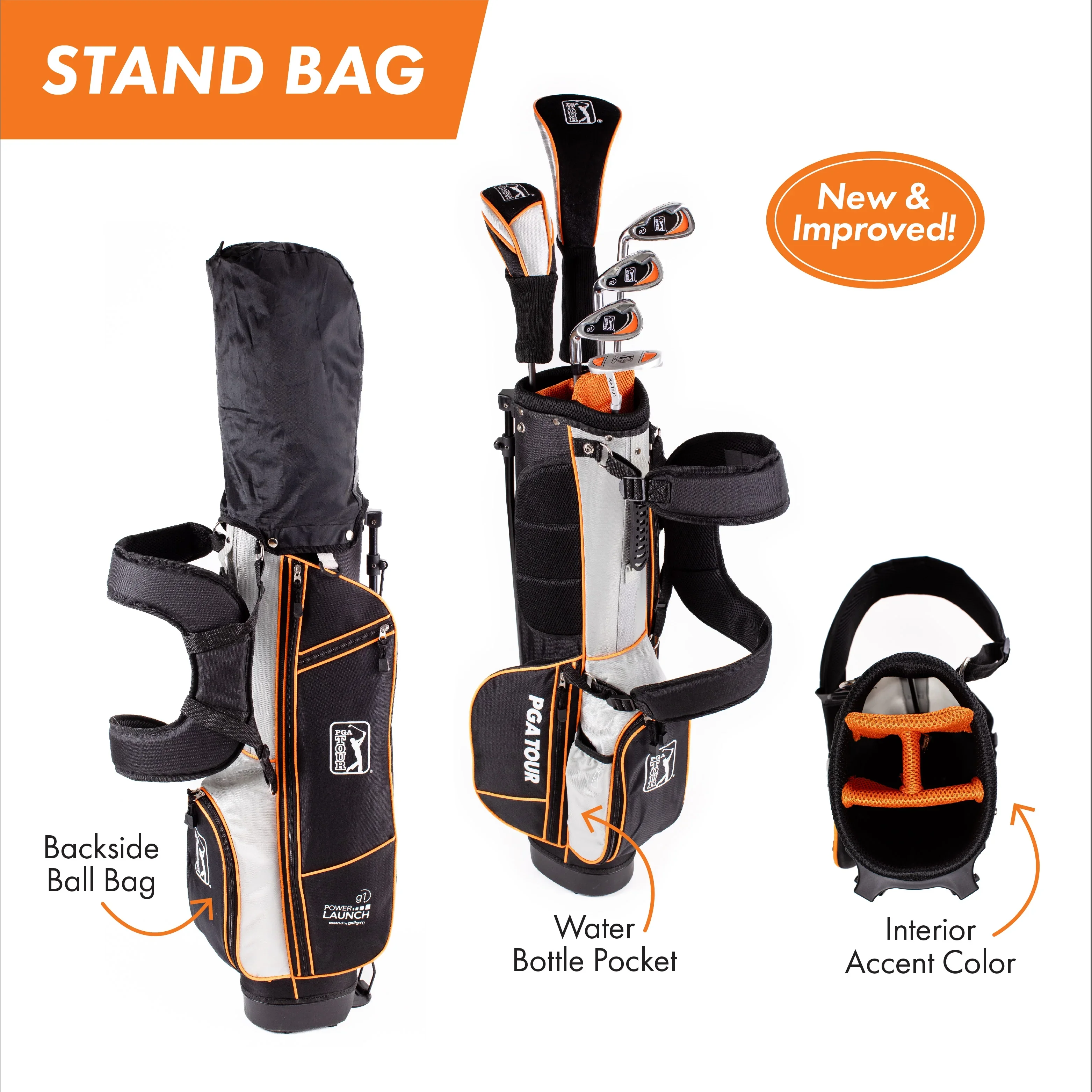 PGA Tour Right-Handed 10 Piece Kids Golf Club Stand Bag Set; Player Height 4'8 - 5'2, Ages 8-12