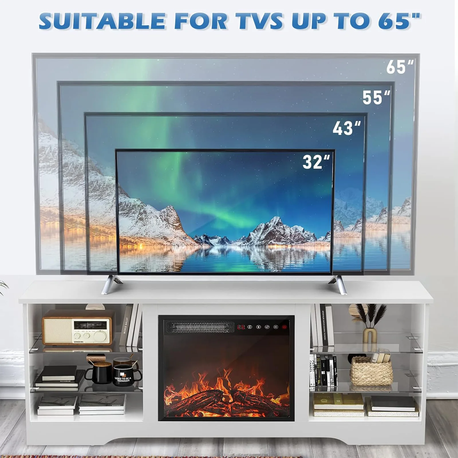 Fireplace TV Stand with 18'' Fireplace for TVs up to 65 inch, Two Adjustable Glass Shelves(58"/White) - Image 4