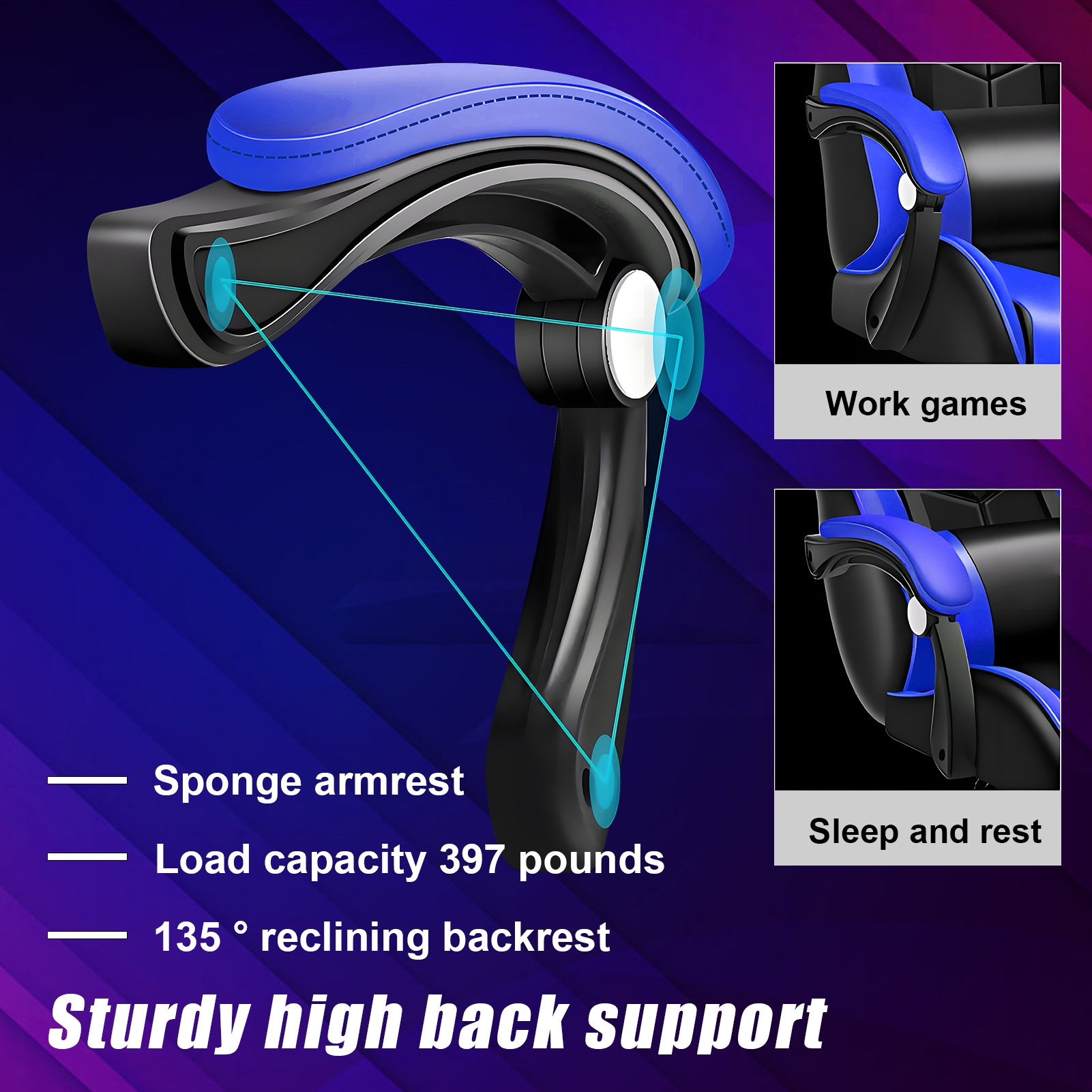 Gaming Chair with Bluetooth Speakers and RGB LED Lights Ergonomic Massage Video Game Chair with Footrest High Back with Lumbar Support(Black Blue) - Image 3