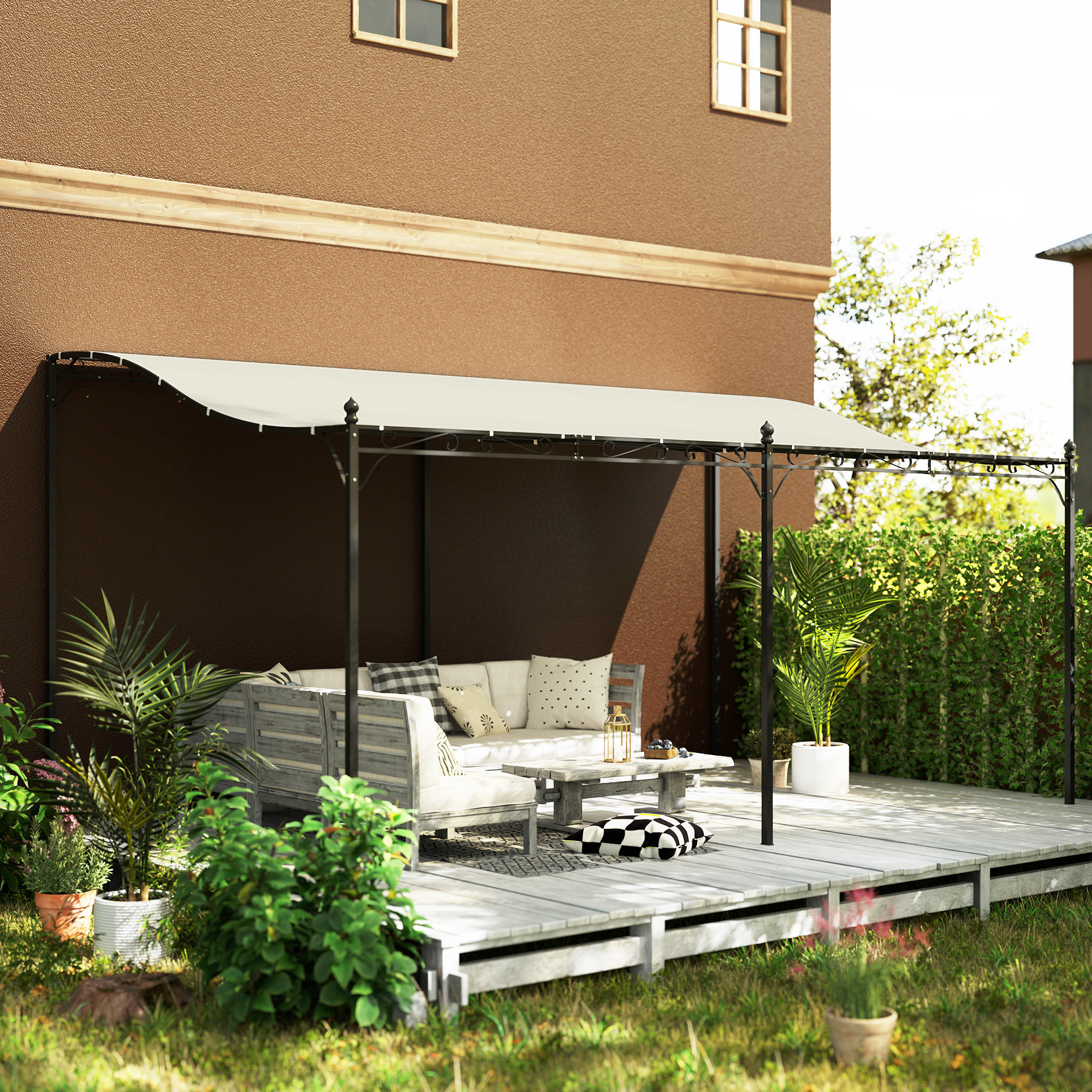 Outsunny 3 x 5 m Pergola, Flexibel Tuindak met Waterdichte Zeil en Metalen Frame, Schaduwplek, Crèmewit