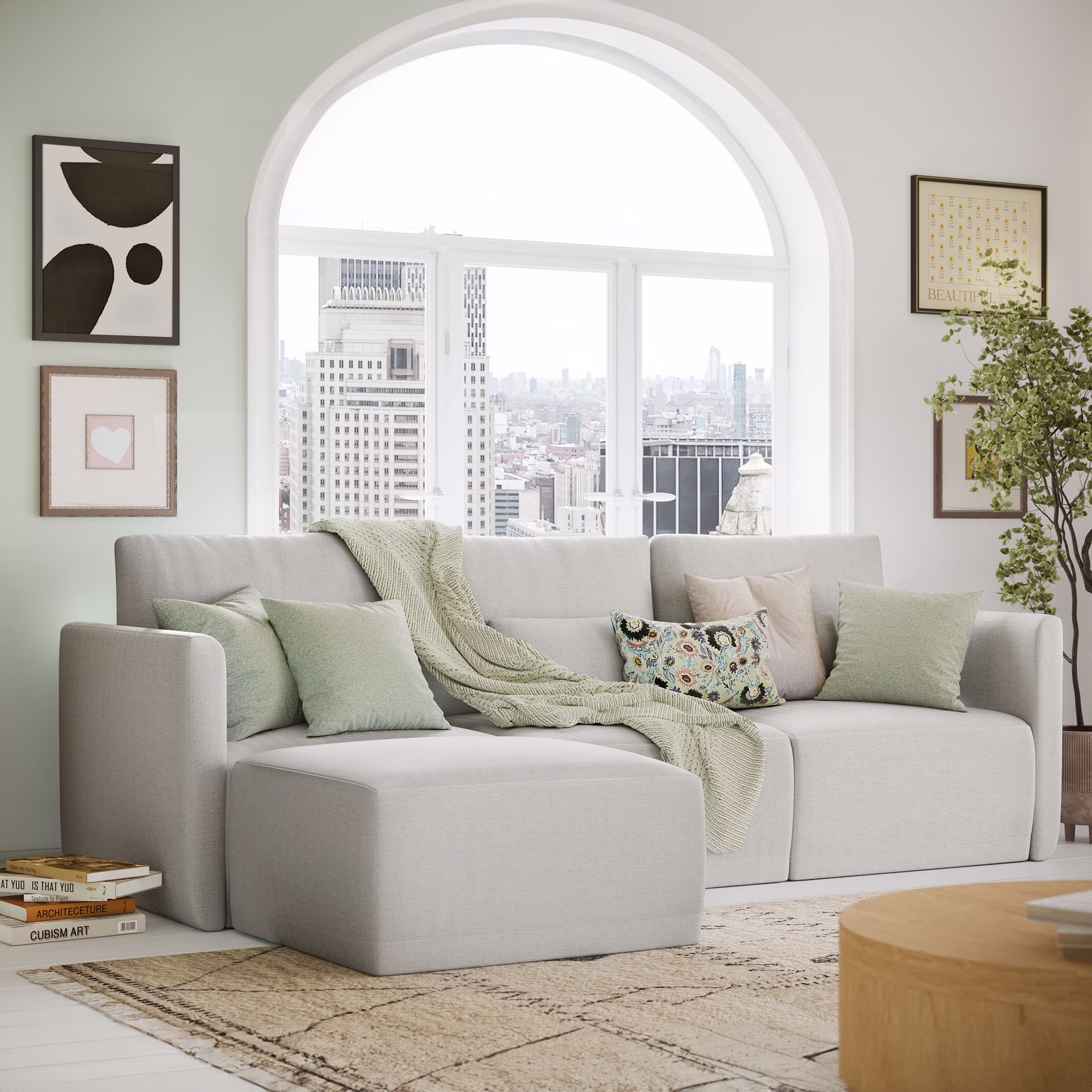 Beautiful Drew Modular Sectional Sofa with Ottoman, Gray Fabric(Gray) - Image 3